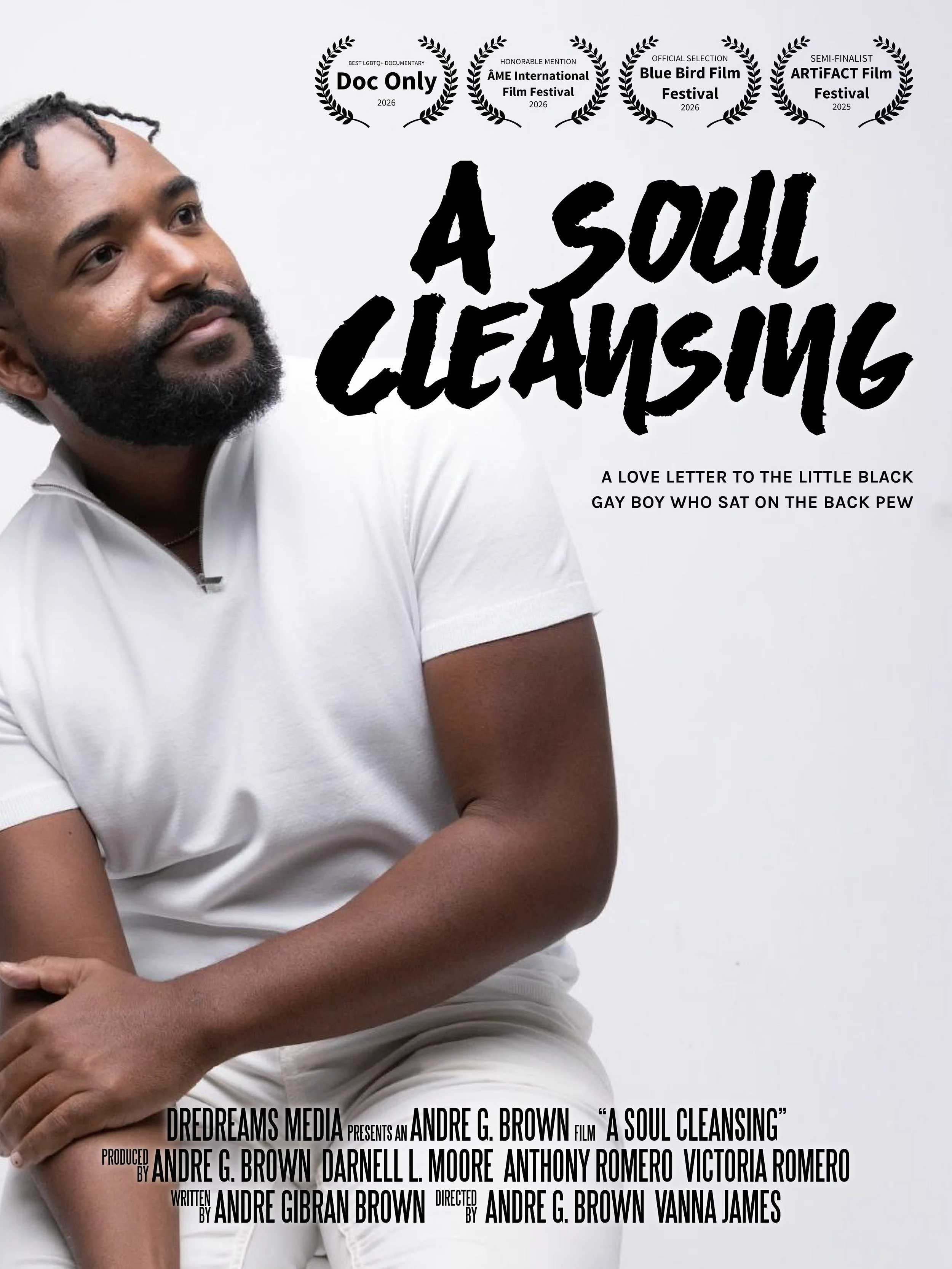 Close-up of a man with a beard and dreadlocks wearing a white shirt against a plain background, promotional text for the film 'A Soul Cleansing' including awards and credits.