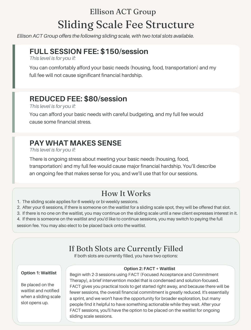 Information about sliding scale fees for Ellison ACT Group sessions, including full, reduced, and payment options, with session guidelines and waitlist procedures.