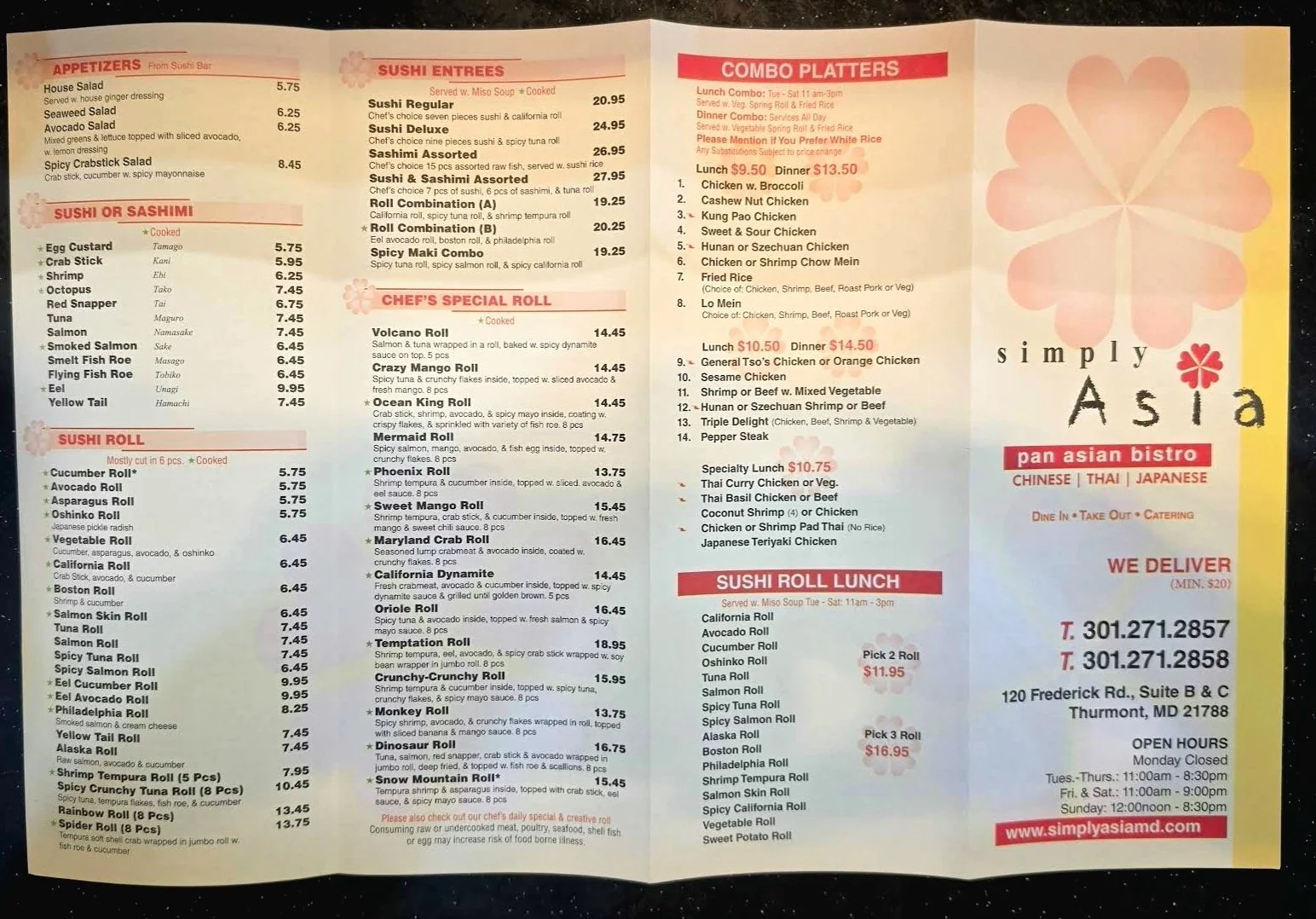 A menu from Simply Asia Asian Bistro featuring sections for appetizers, sushi and sashimi, sushi rolls, chef's special roll, combo platters, sushi roll lunch, and sushi entree options. Prices are listed for various dishes, with some combo or meal options highlighted in red.