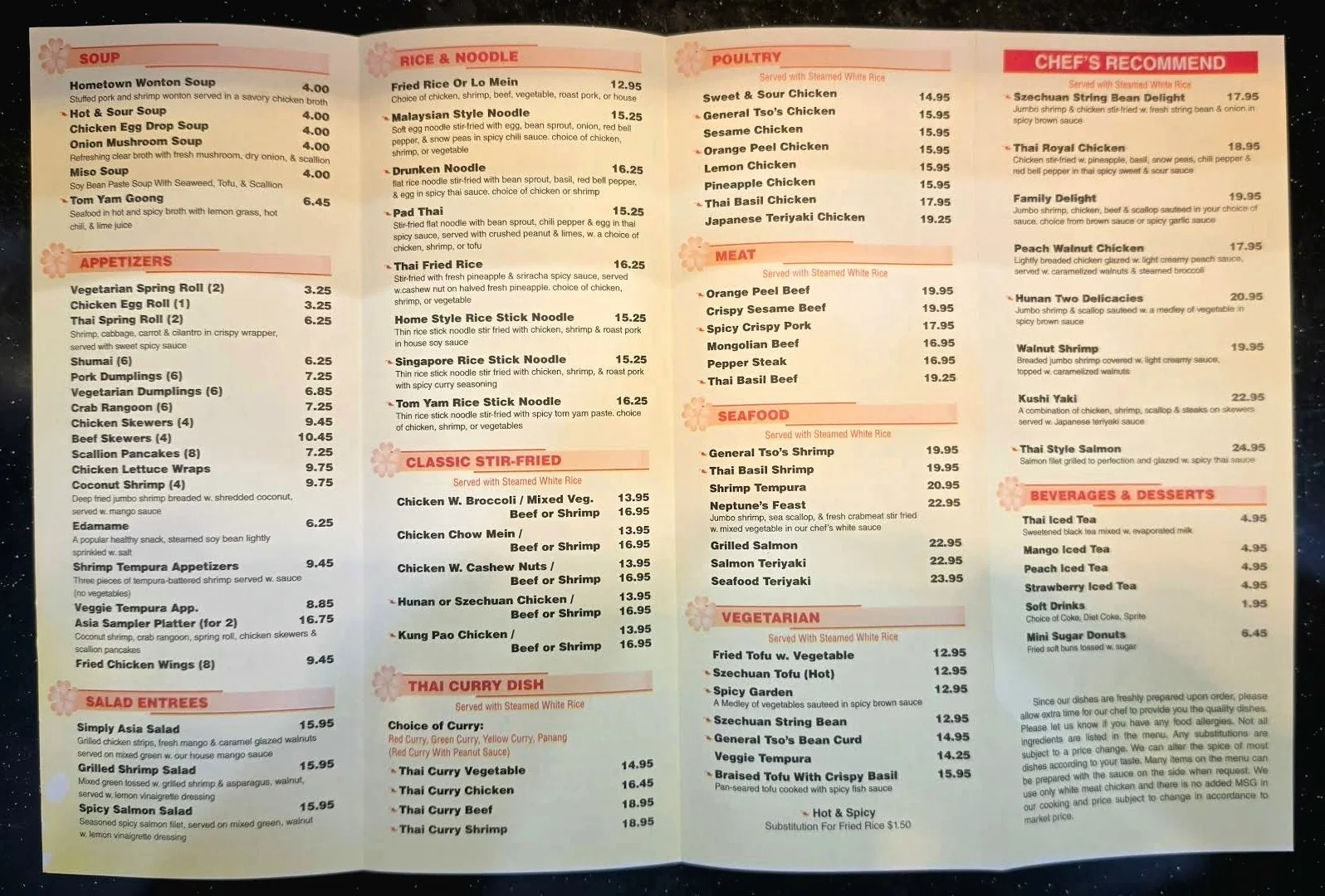 Menu featuring sections for soup, appetizers, rice and noodle dishes, classic stir-fried dishes, Thai curry dishes, poultry, meat, seafood, vegetarian options, salads, and beverages, with prices listed for each item.