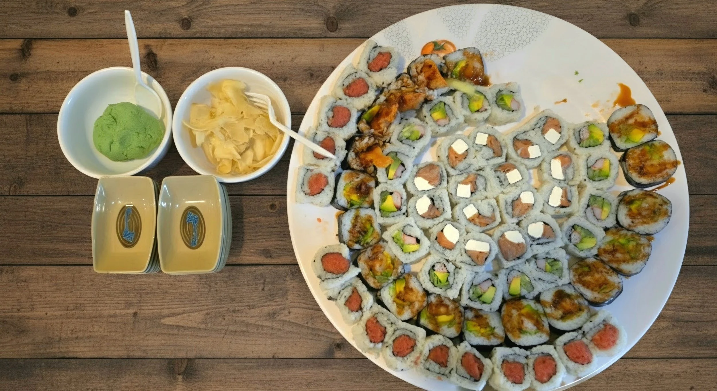 A large round platter of assorted sushi rolls on a wooden table with two small bowls of green wasabi and pickled ginger, two small soy sauce dishes, and a pair of soy sauce bottles.