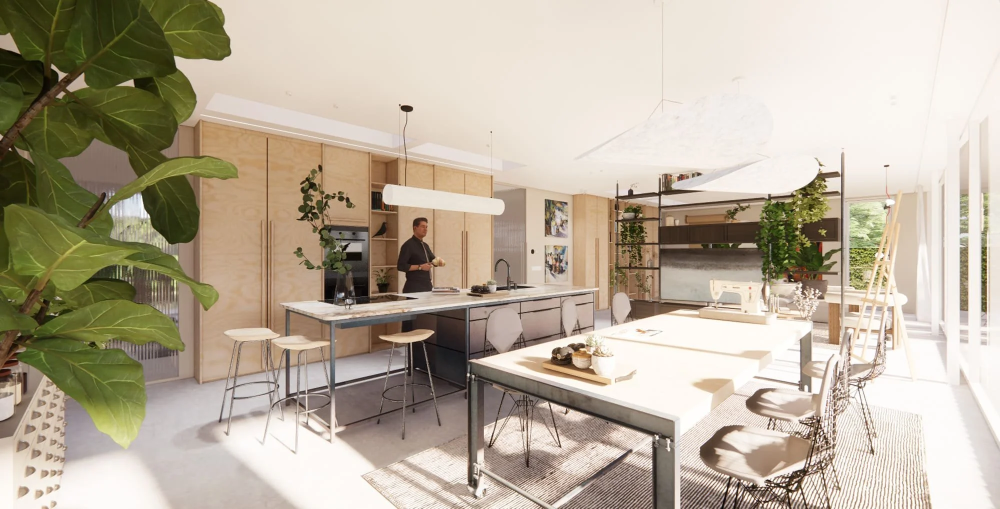 Modern kitchen extension with large island, warm materials and open dining area