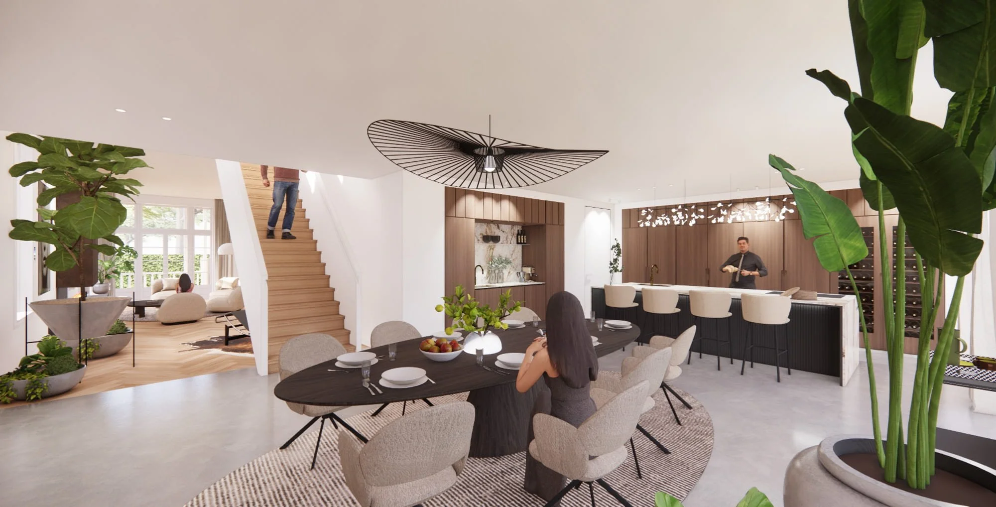 Elegant dining room with round table, sculptural chandelier and soft neutral interior palette