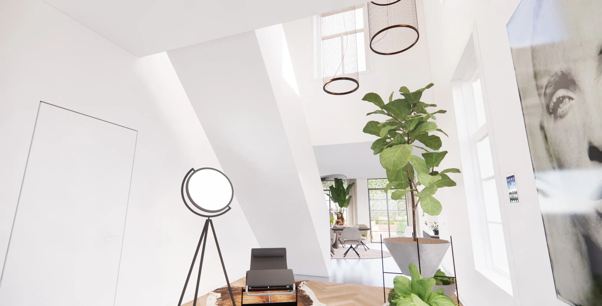 Double height living room with large indoor tree, pendant lighting and soft natural daylight