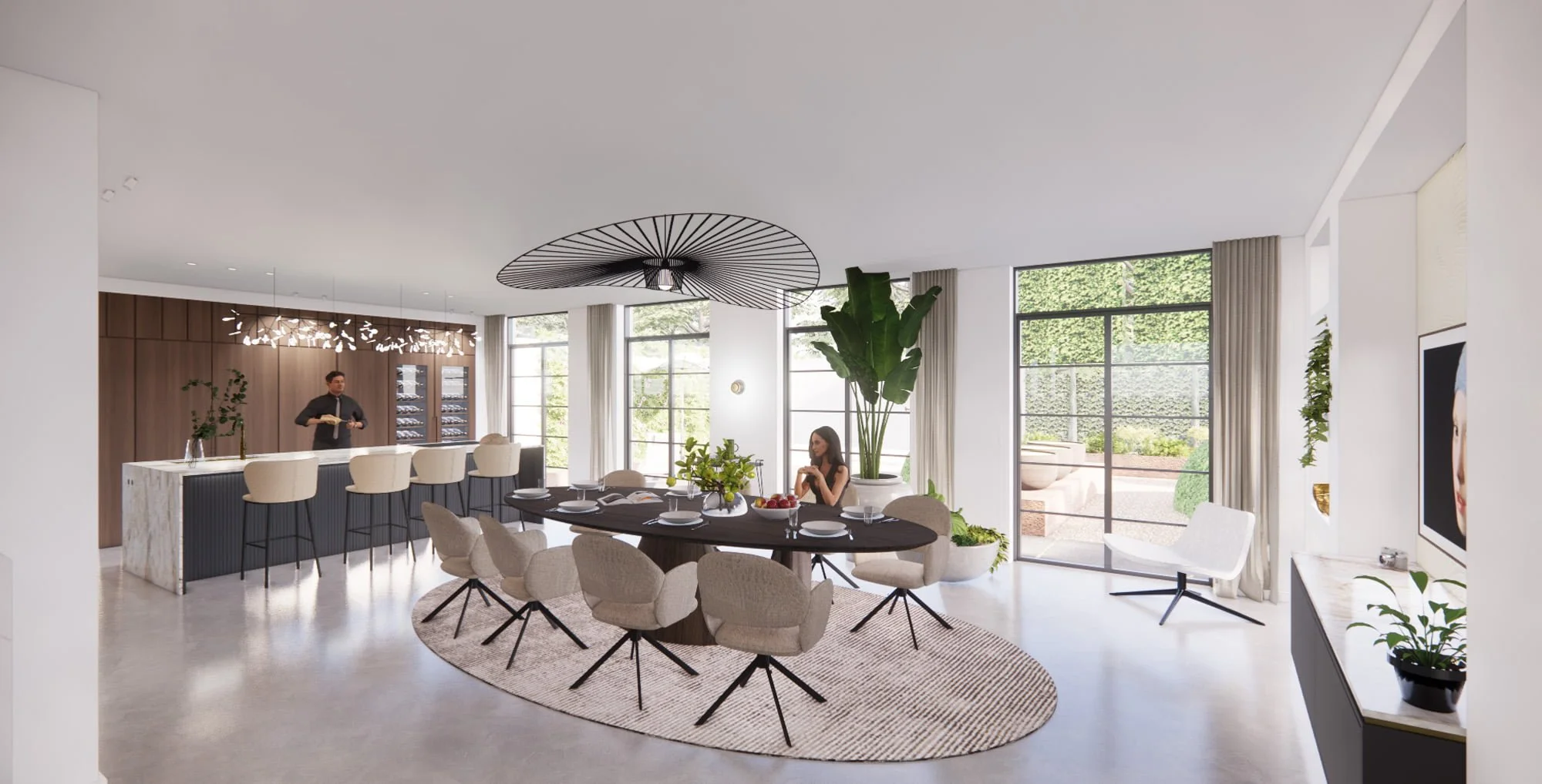 Open dining area with statement chandelier, garden views and classic interior proportions