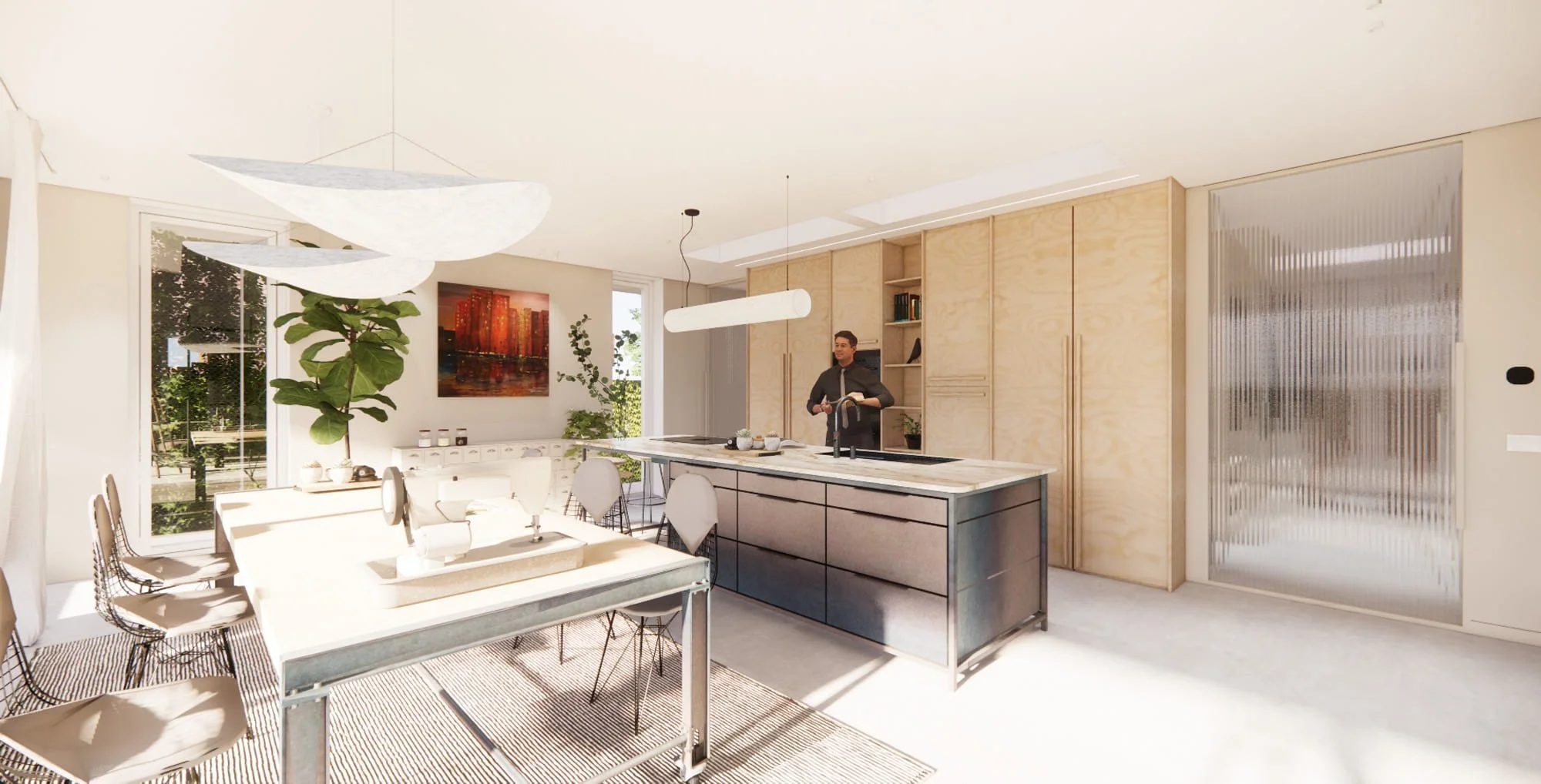 Open kitchen interior with large island, oak cabinetry and refined garden connection