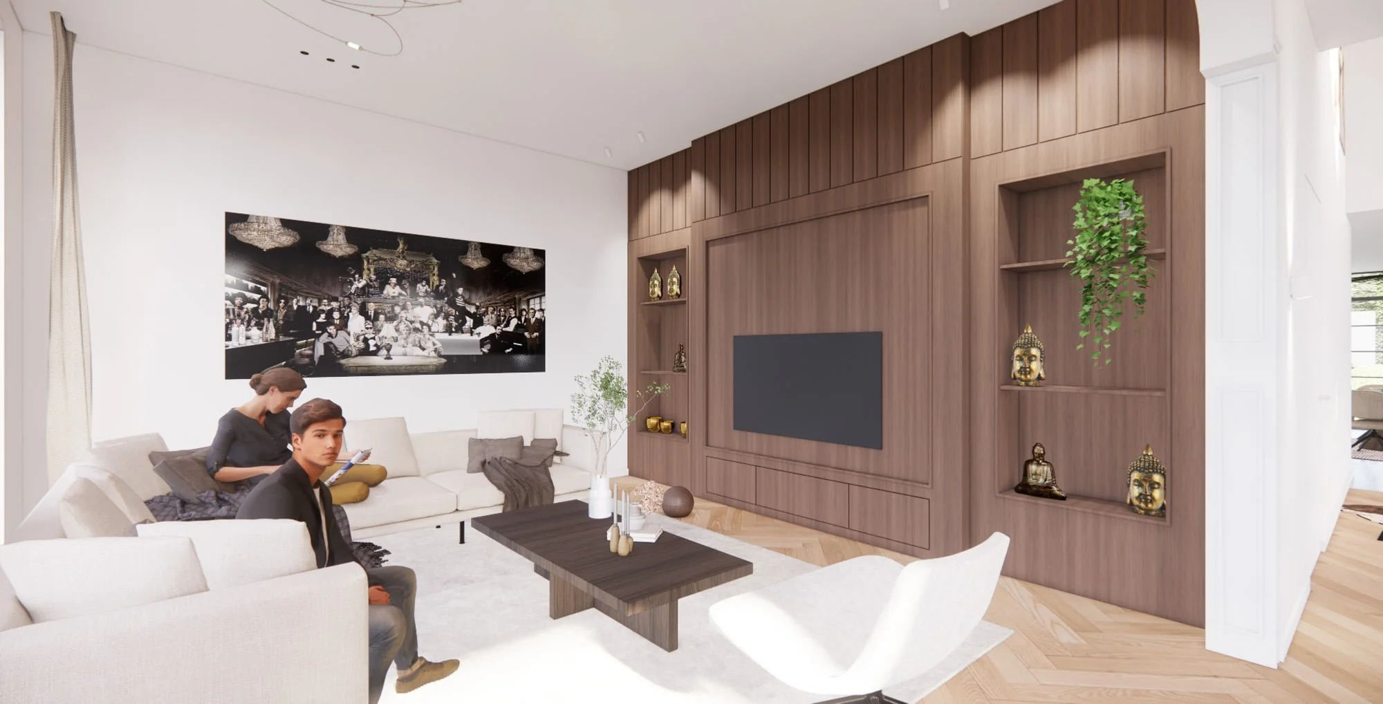 Bespoke dark wood media wall with fireplace, shelving and refined living room styling