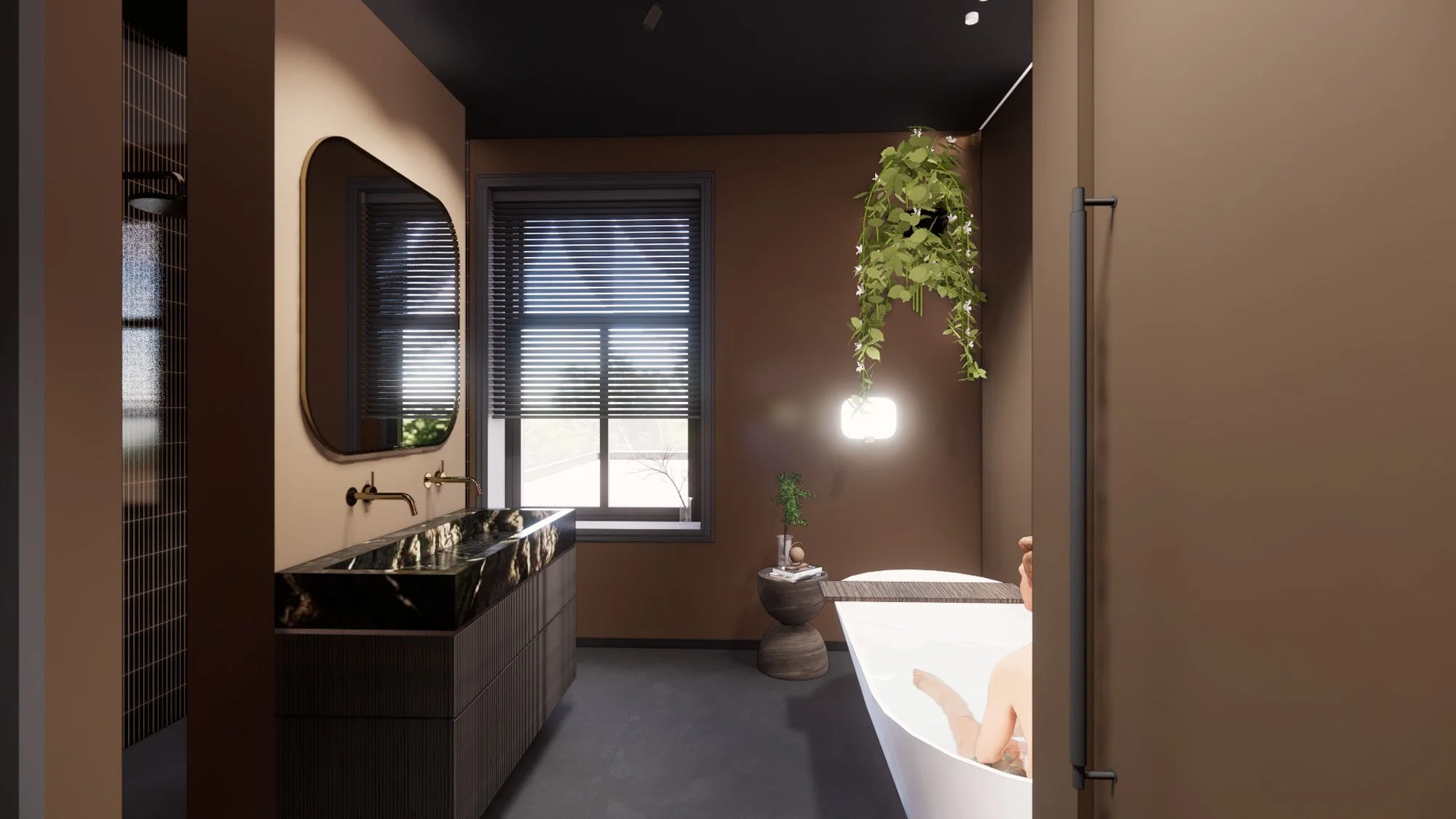 Dark bathroom interior with black vanity, shuttered windows and warm accent lighting