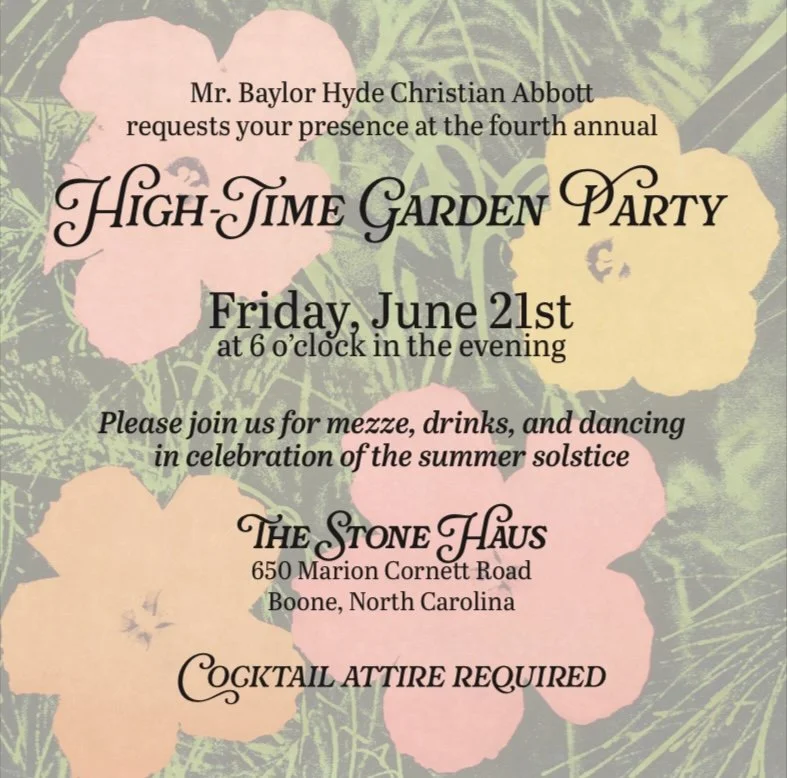 Invitation for a high-time garden party featuring pink and yellow flowers and green leaves in the background, with details about date, time, location, and dress code.
