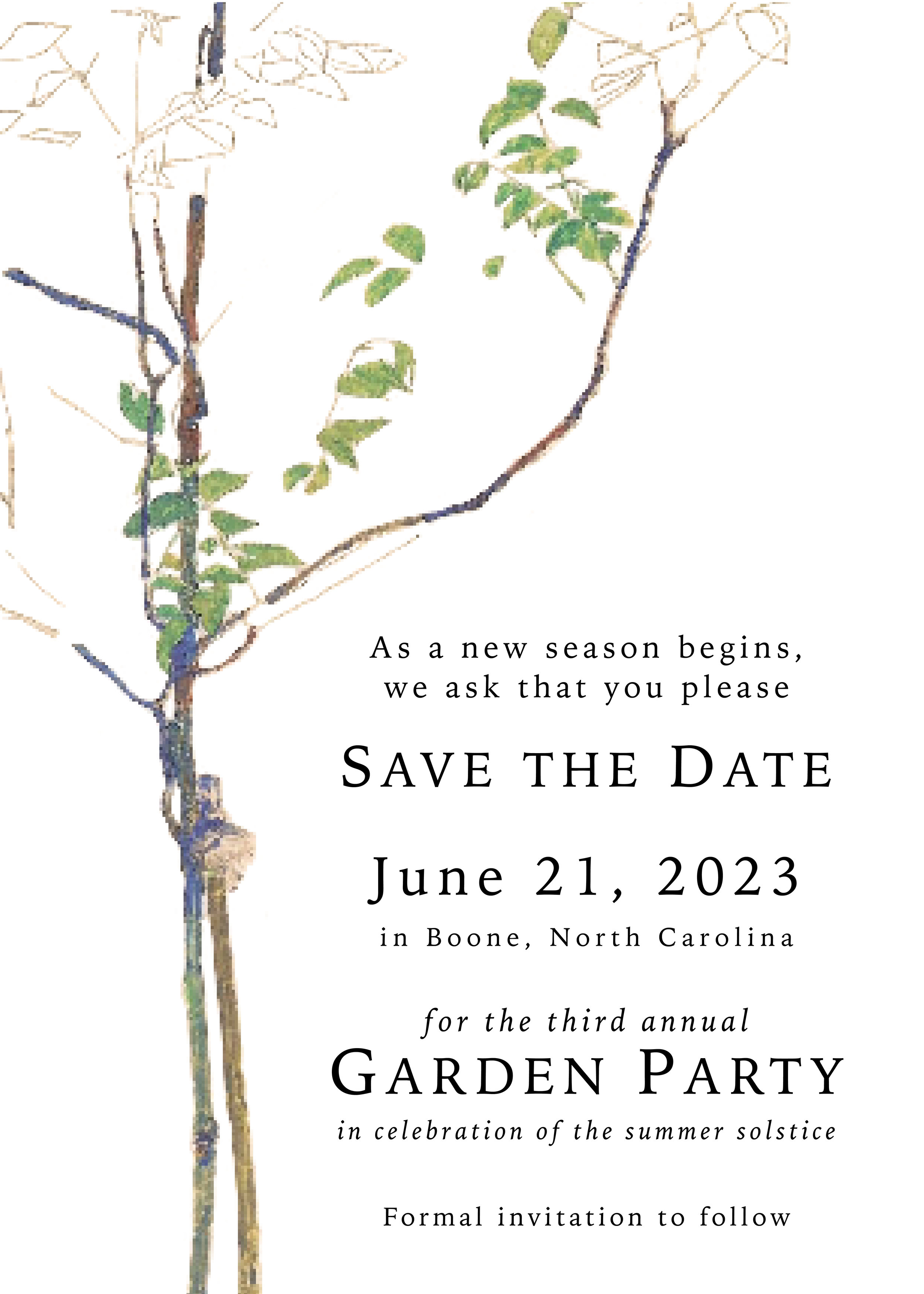 A watercolor illustration of a plant with a tall, thin stem and green leaves, positioned along the left side of the invitation. The text is an elegant invitation to a garden party scheduled for June 21, 2023, in Boone, North Carolina, and includes details about the event.