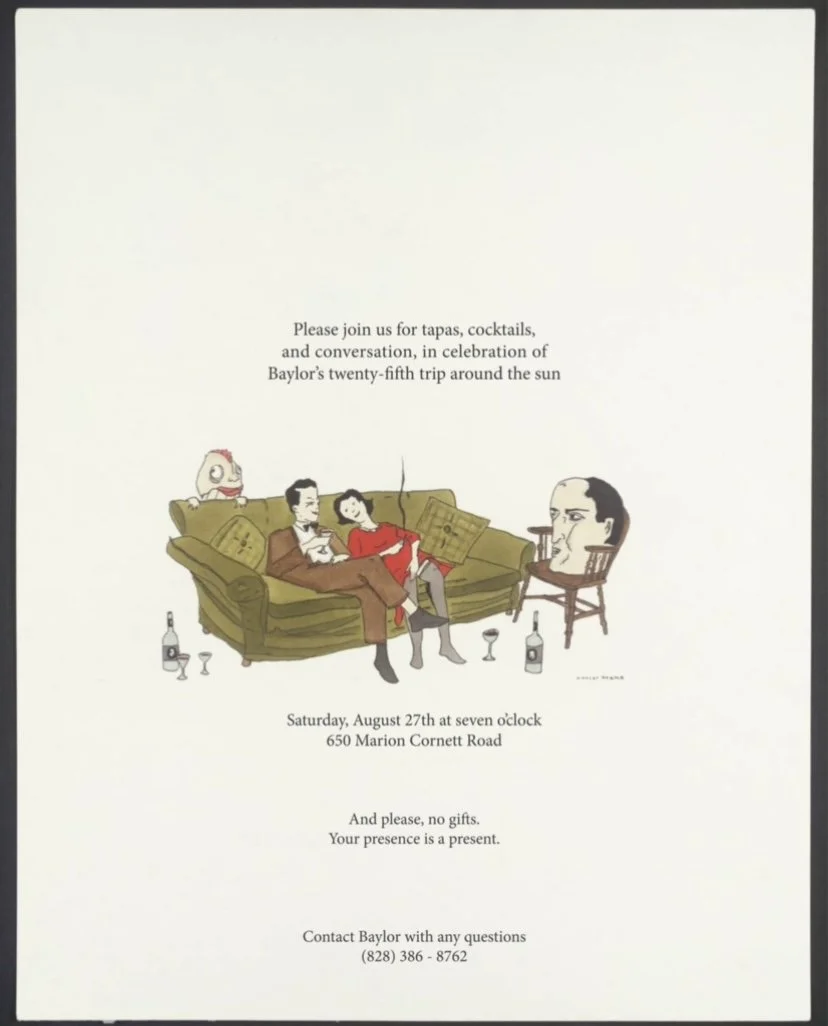 Invitation with an illustration of people sitting on a sofa, drinking and socializing.