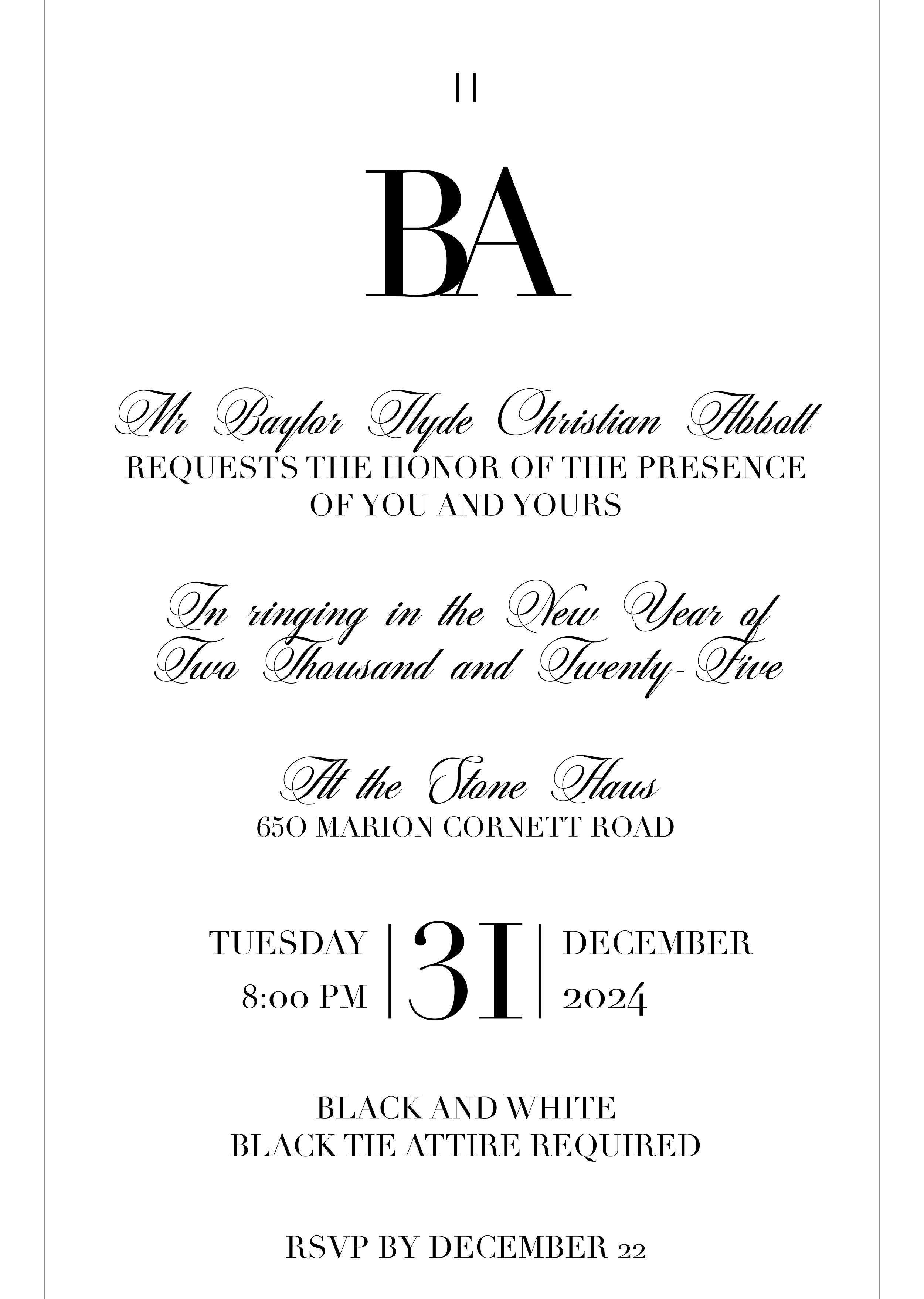 Black and white wedding invitation with elegant cursive and serif fonts, featuring initials 'BA' at the top, details about the ceremony date, time, and location at Marion Cornett Road, with RSVP date of December 22.