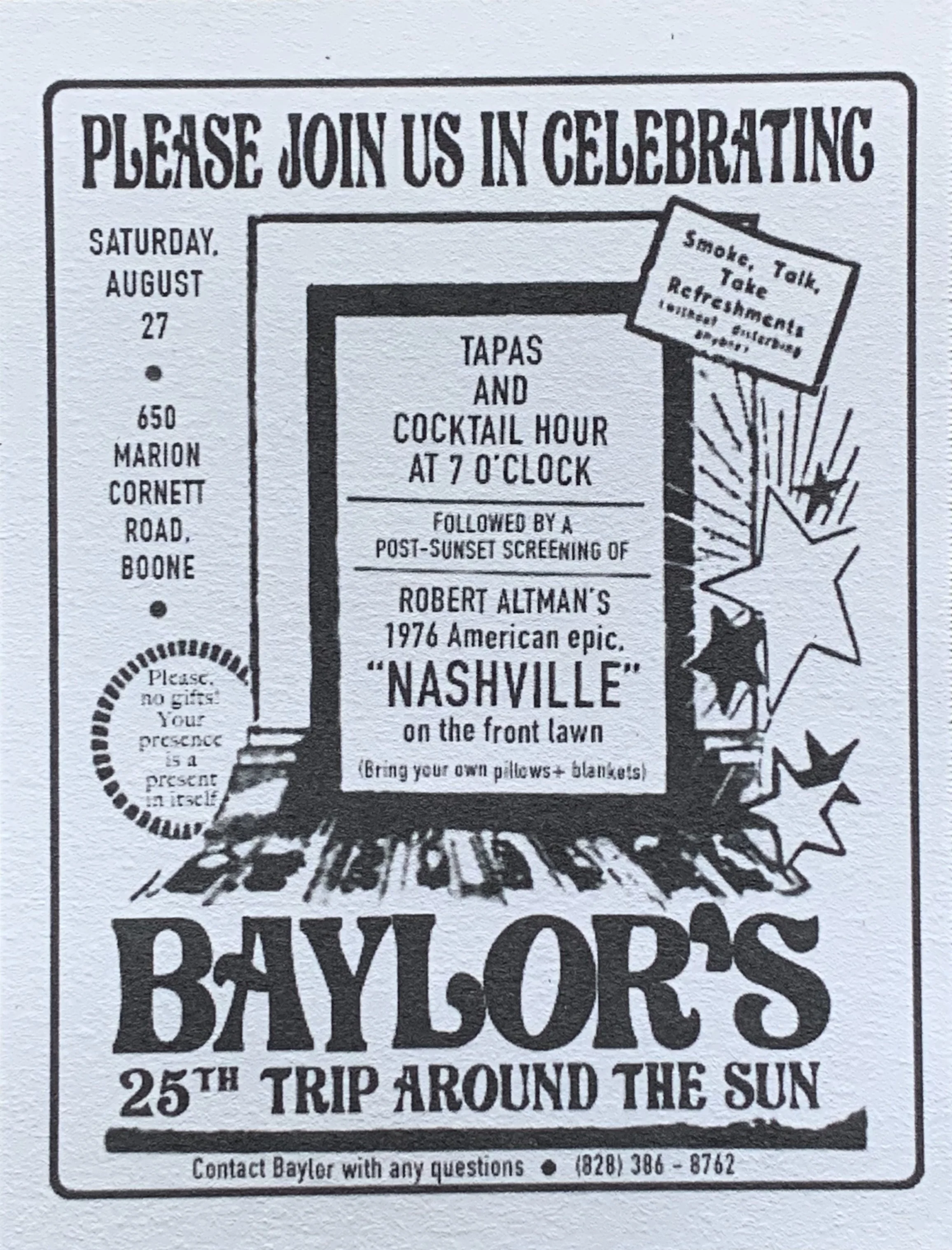 A flyer inviting people to celebrate in Nashville on Saturday, August 27 with tapas and cocktail hour at 7 o'clock, following a screening of Robert Altman's 1976 American epic film, 'Nashville'.
