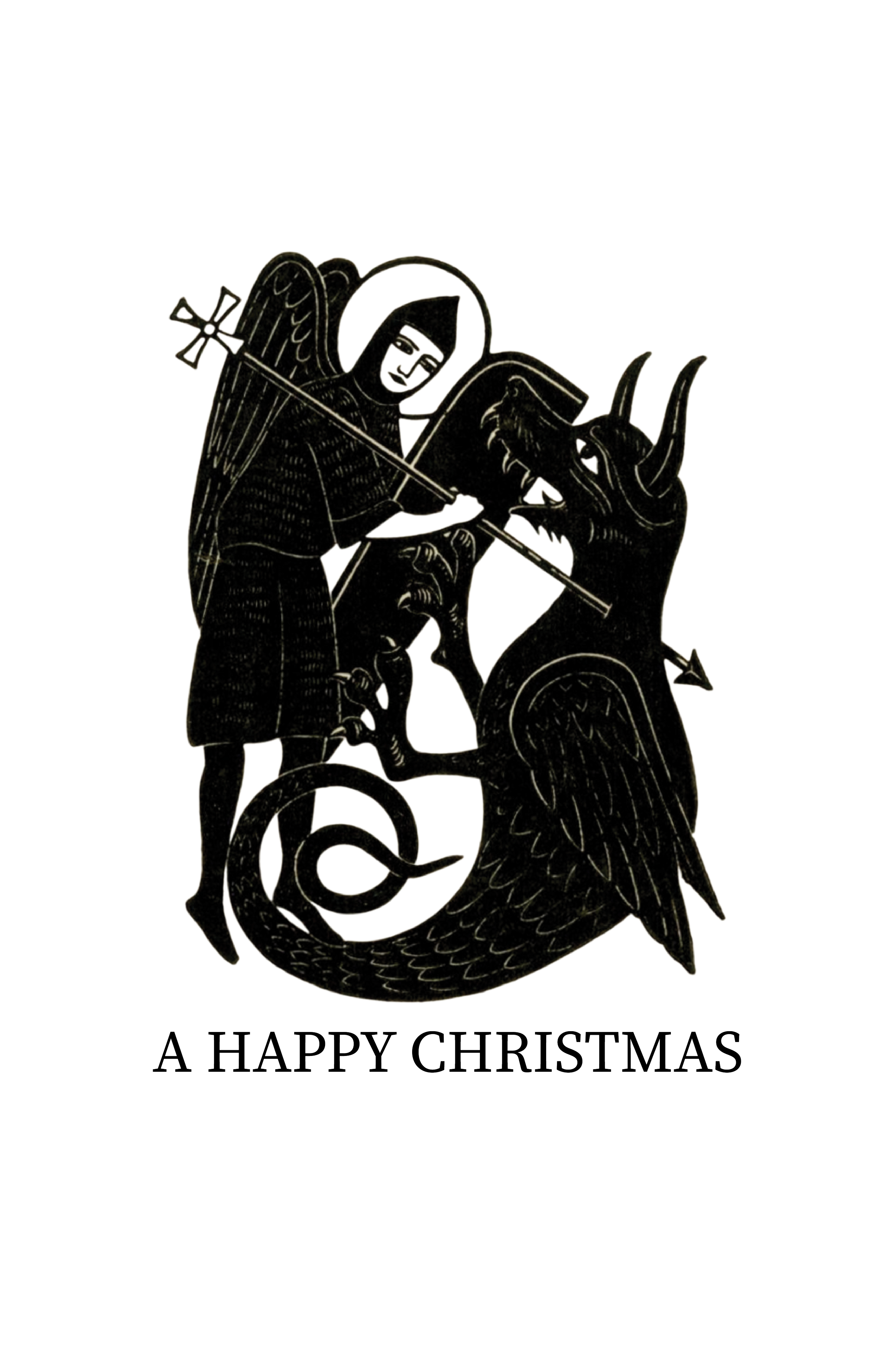 A black Christmas card with a decorative illustration of Santa Claus with angel wings riding a dragon, holding a spear. The text at the bottom says 'A Happy Christmas'.