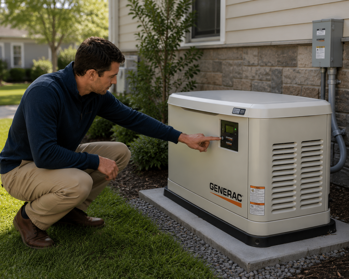 A man in a blue sweater and tan pants kneels on grass, pressing a button on a beige Generac generator located outside a house.
