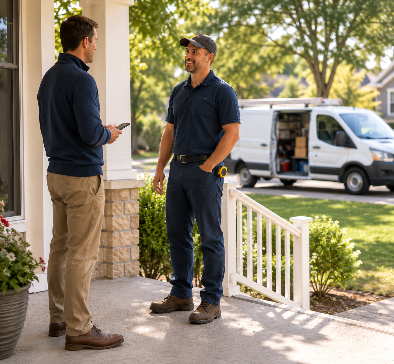 A delivery person in uniform smiling and talking with a customer on the porch of a house, with a service van parked in the background.
