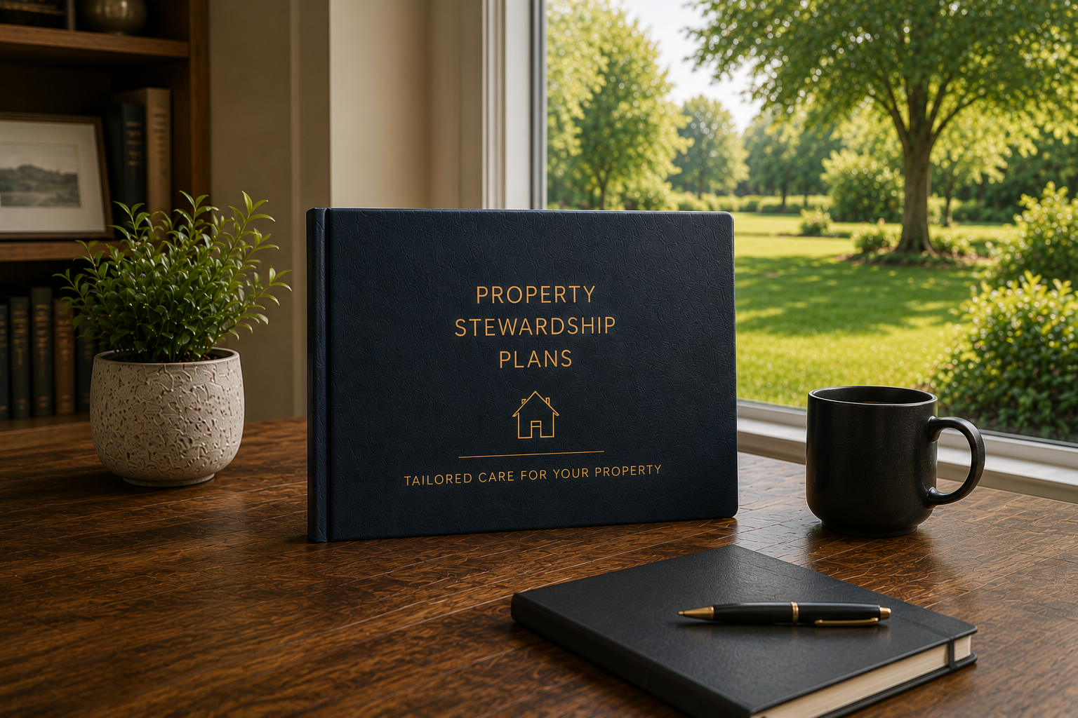 Folder labeled 'Property Stewardship Plans' on a wooden desk beside a potted plant, a black coffee mug, a closed notebook with a pen on top, and a window showing a green outdoor scene.