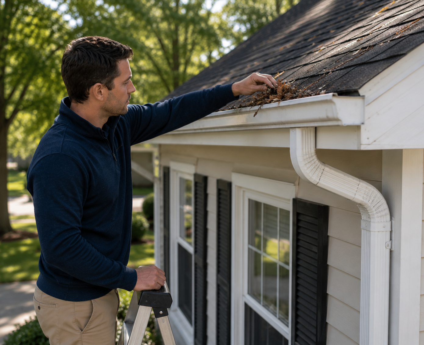 Man on ladder cleaning leaves and debris from gutter on a house.
