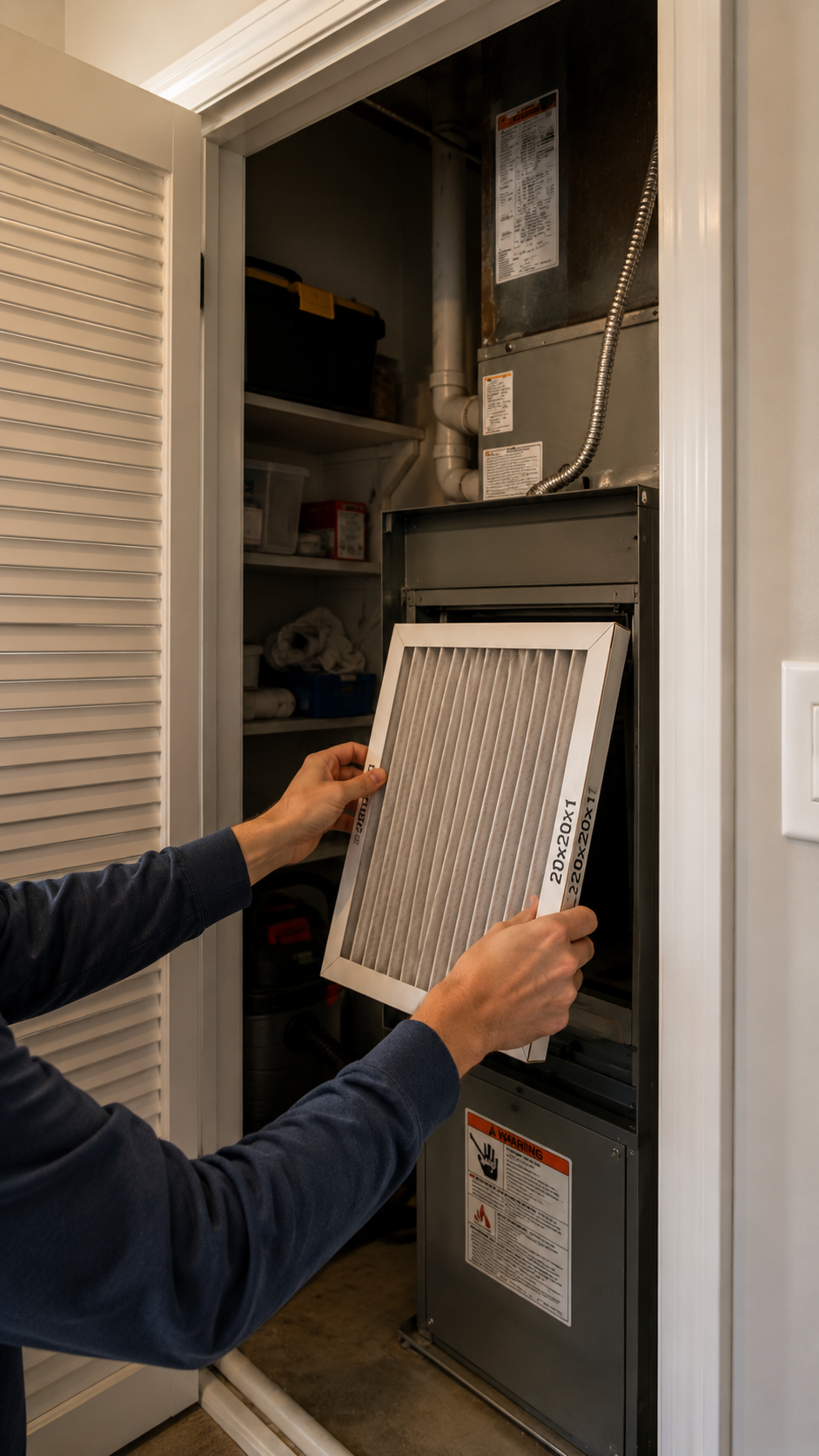 Person replacing HVAC air filter in a closet with heating and cooling equipment.