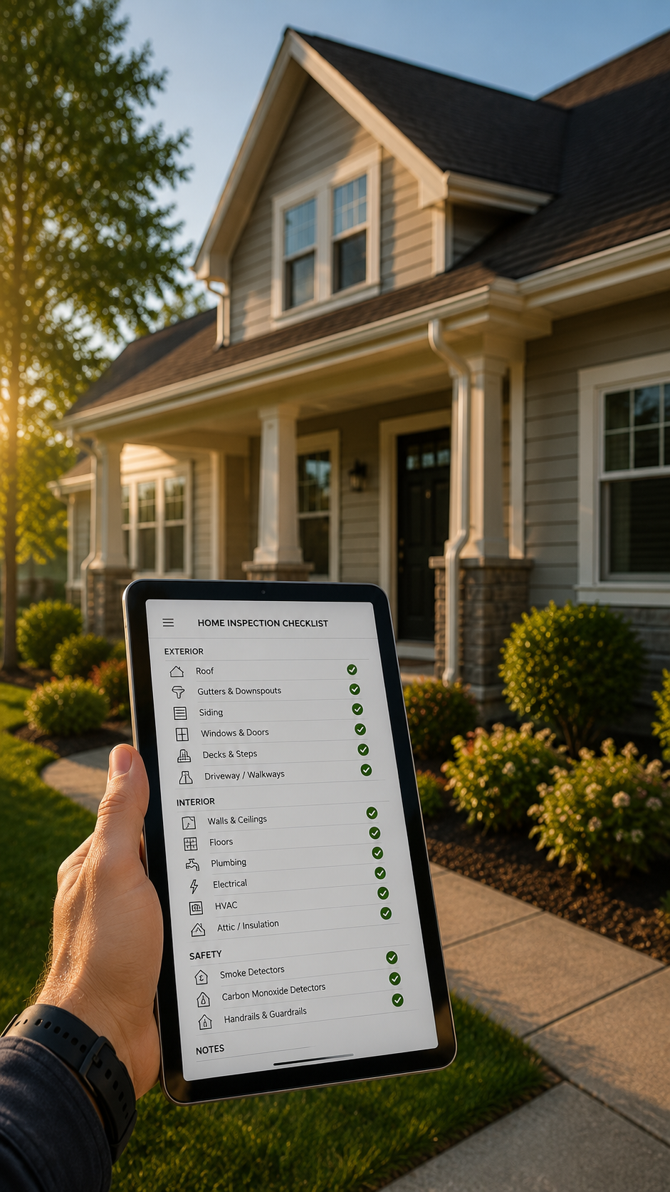 Hand holding a tablet displaying a home inspection checklist on the front porch of a house during sunset. The house is a two-story with beige siding, white trim, and a black door, surrounded by green bushes and a concrete walkway.