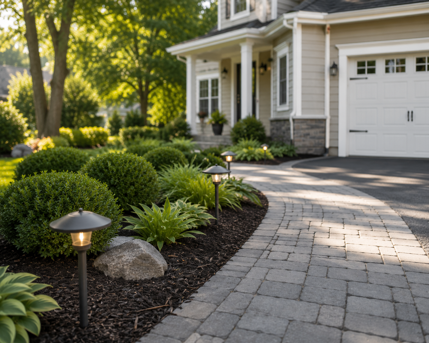 Front yard with a curved stone walkway, garden beds with shrubs and plants, and solar-powered pathway lights leading to a house with a four-car garage.
