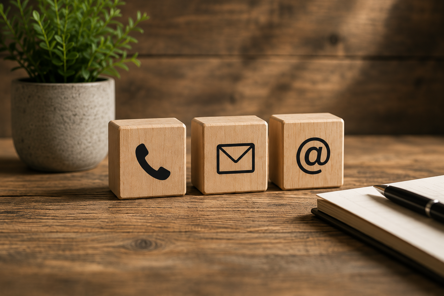 Wooden blocks with social media icons for phone, email, and at symbol, placed on a wooden table next to a notebook and pen, with a potted plant in the background.
