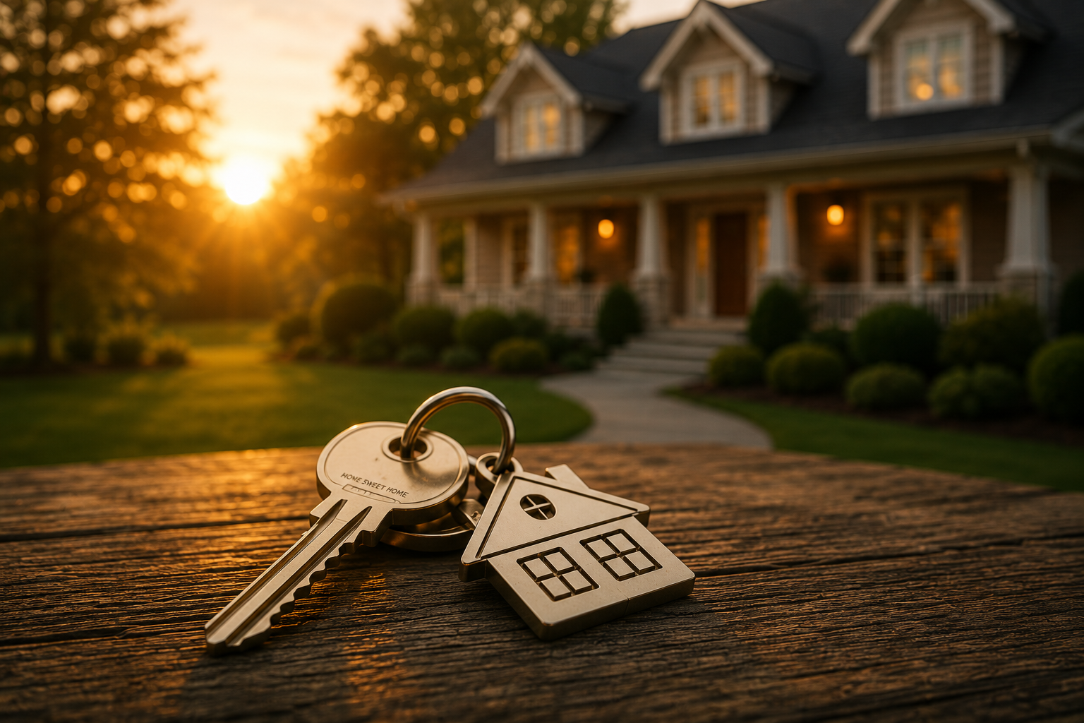A set of house keys with a house-shaped keychain resting on a wooden surface. In the background, there is a house with a porch, illuminated windows, surrounded by a well-maintained lawn and bushes, during sunset.