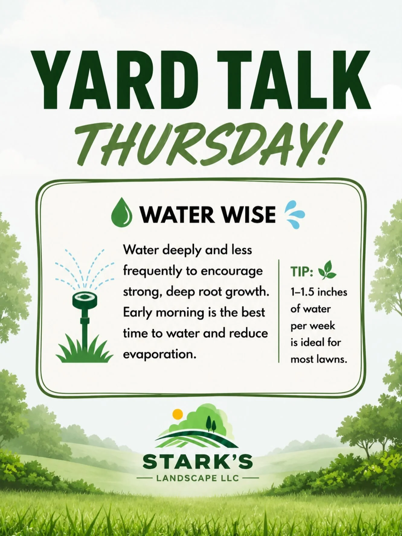 💧 Yard Talk Thursday! 🌱

Water smarter, not harder! Deep, less-frequent watering encourages stronger roots and keeps your lawn looking its best. 🌿

Save this tip for your next watering day! 💦

#YardTalkThursday #explorepage #LandscapingTips #Lawn