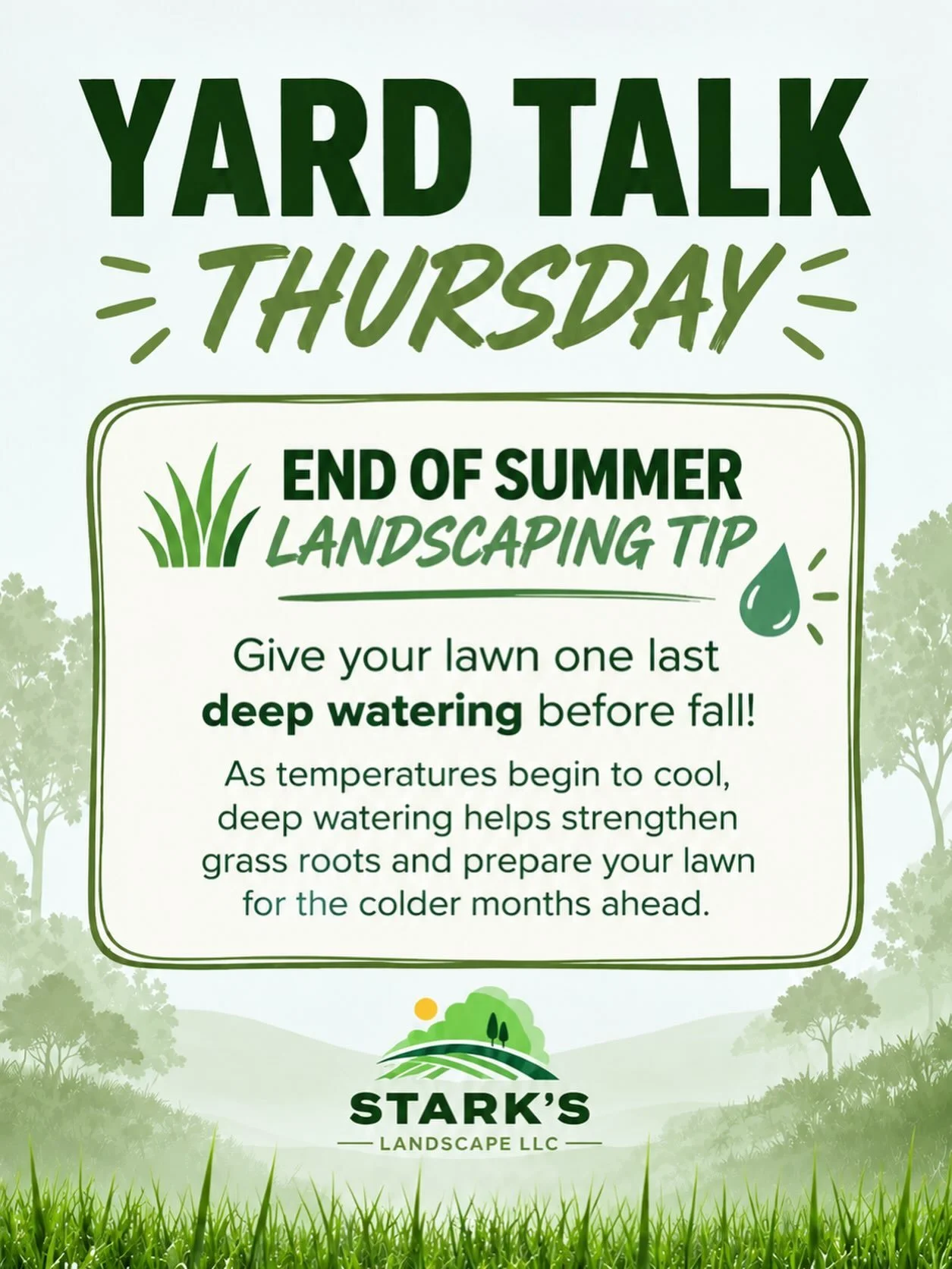 🌱 Yard Talk Thursday!

As summer winds down, don&rsquo;t forget to give your lawn one last deep watering before fall! 💧 A little extra care now helps keep those roots strong and your lawn ready for the cooler months ahead. 🍃

#YardTalkThursday #La