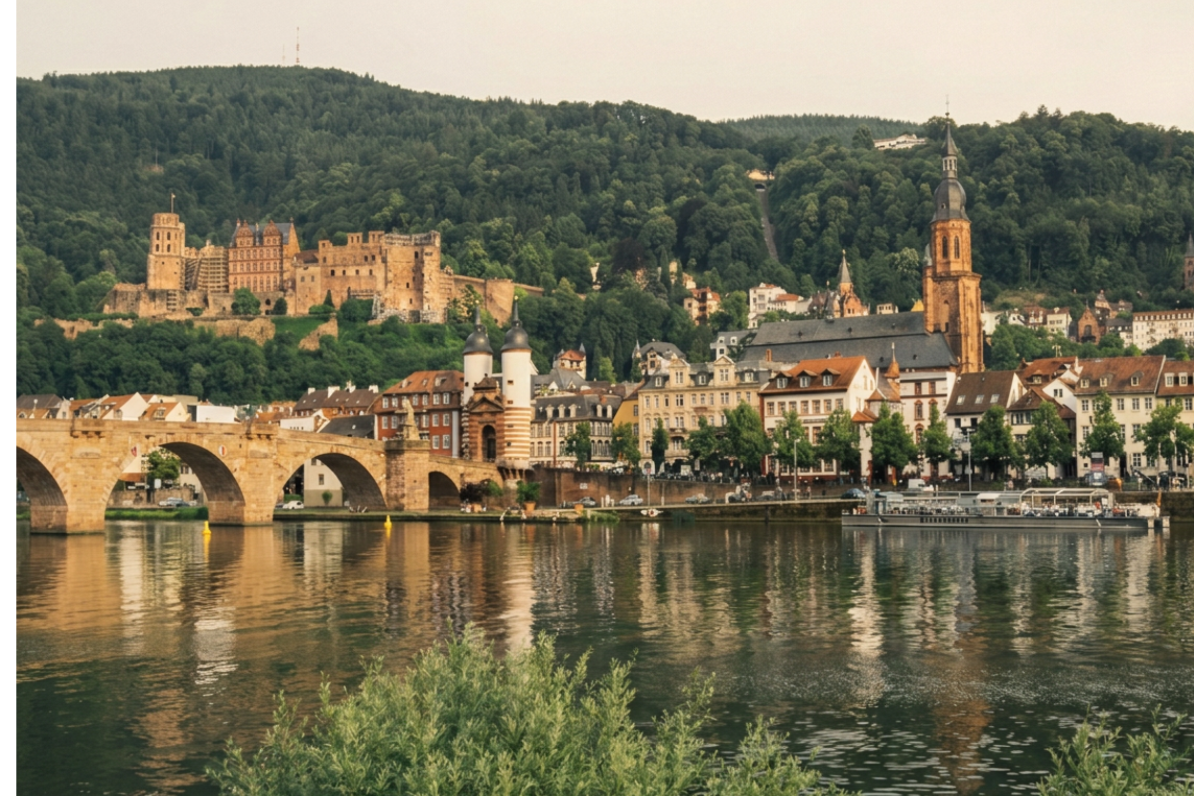 The hillside castle and the Old Bridge above the Neckar river in Heidelberg, Germany.