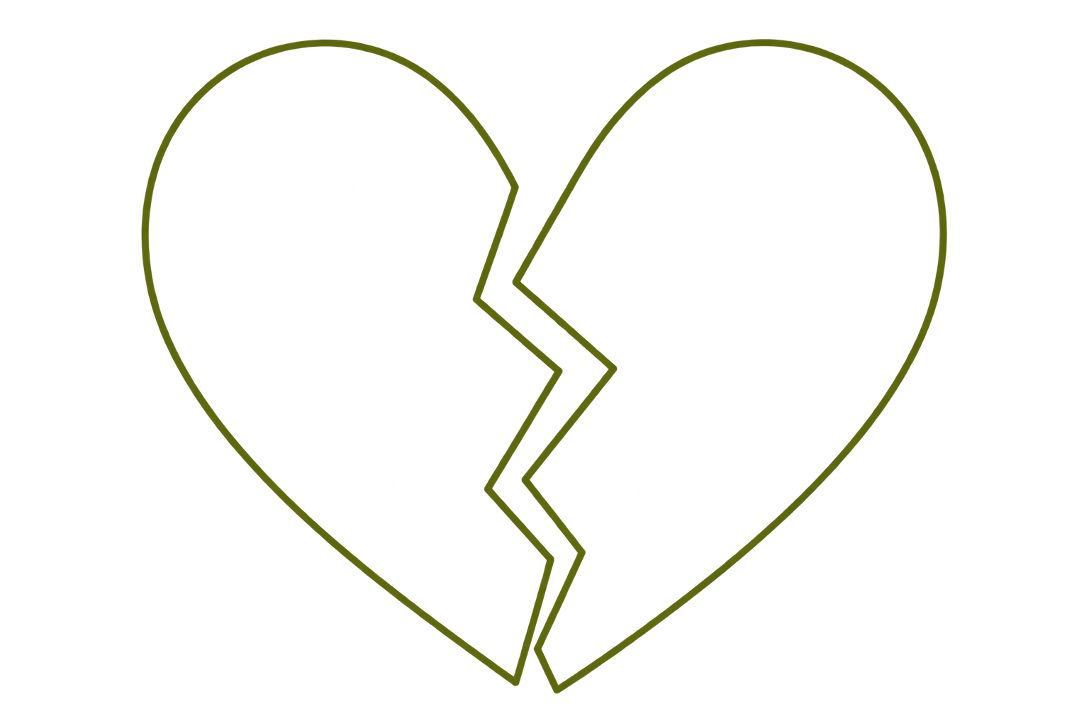 A neon outline of a broken heart, with the right half slightly smaller and shifted, creating a jagged crack in the center.