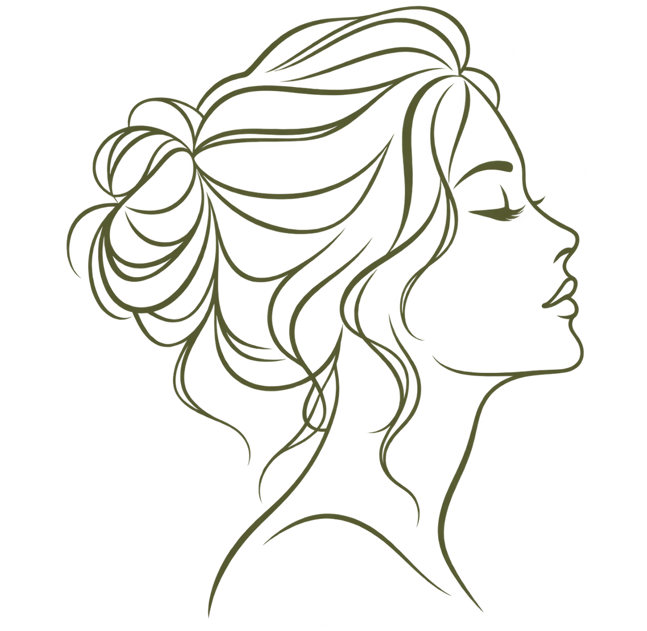 Line drawing of a woman's profile with wavy hair styled in a bun.