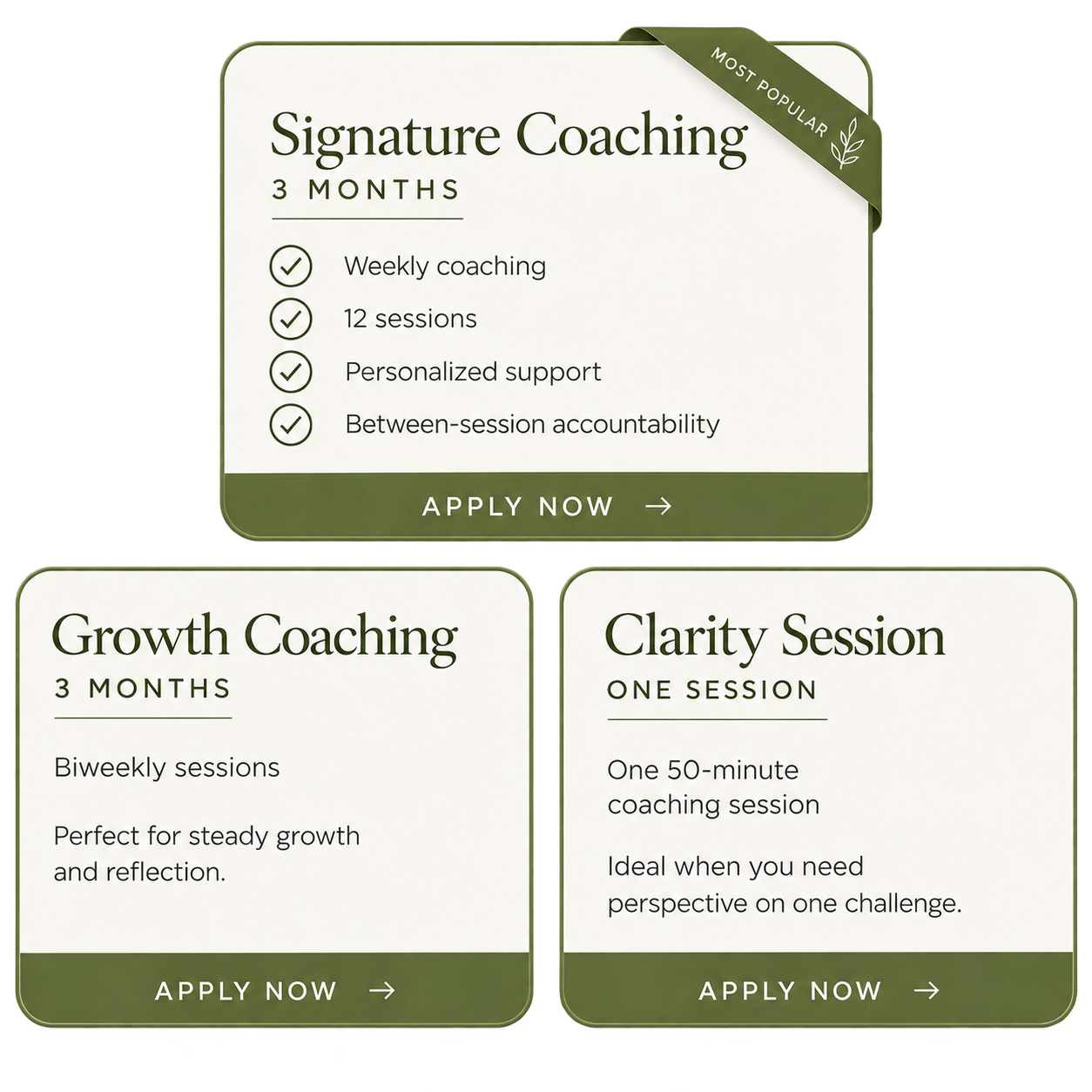 Three coaching program advertisements: Signature Coaching for 3 months includes weekly coaching, 12 sessions, personalized support, and accountability; Growth Coaching for 3 months offers biweekly sessions for steady growth; Clarity Session is a single 50-minute coaching session for perspective on one challenge.