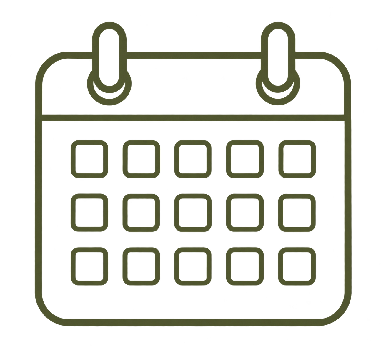 Outline drawing of a calendar with a grid of squares for days and rings at the top for hanging.