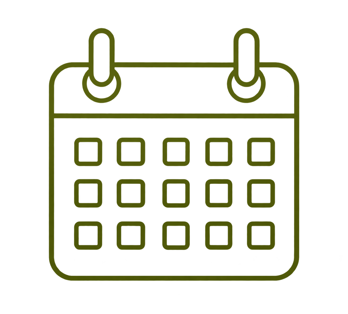 Outline of a calendar with a clip hanging from the top, displaying a grid of squares representing dates.