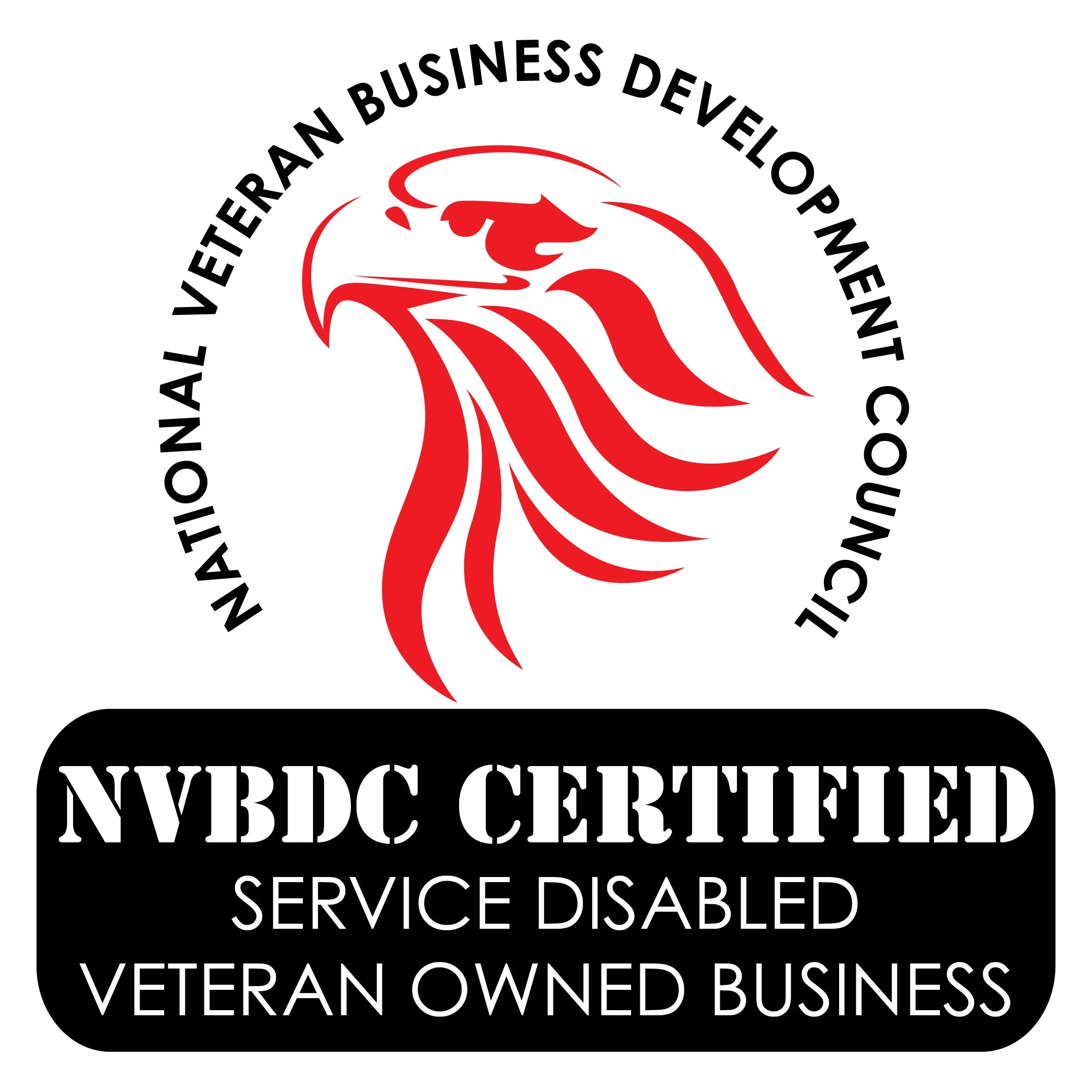Logo for a veteran-owned business certification, featuring a stylized red eagle head and surrounding text indicating it is a veteran owned business, service disabled, and veteran owned.