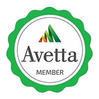 Avetta member badge with green border and colorful mountain logo.