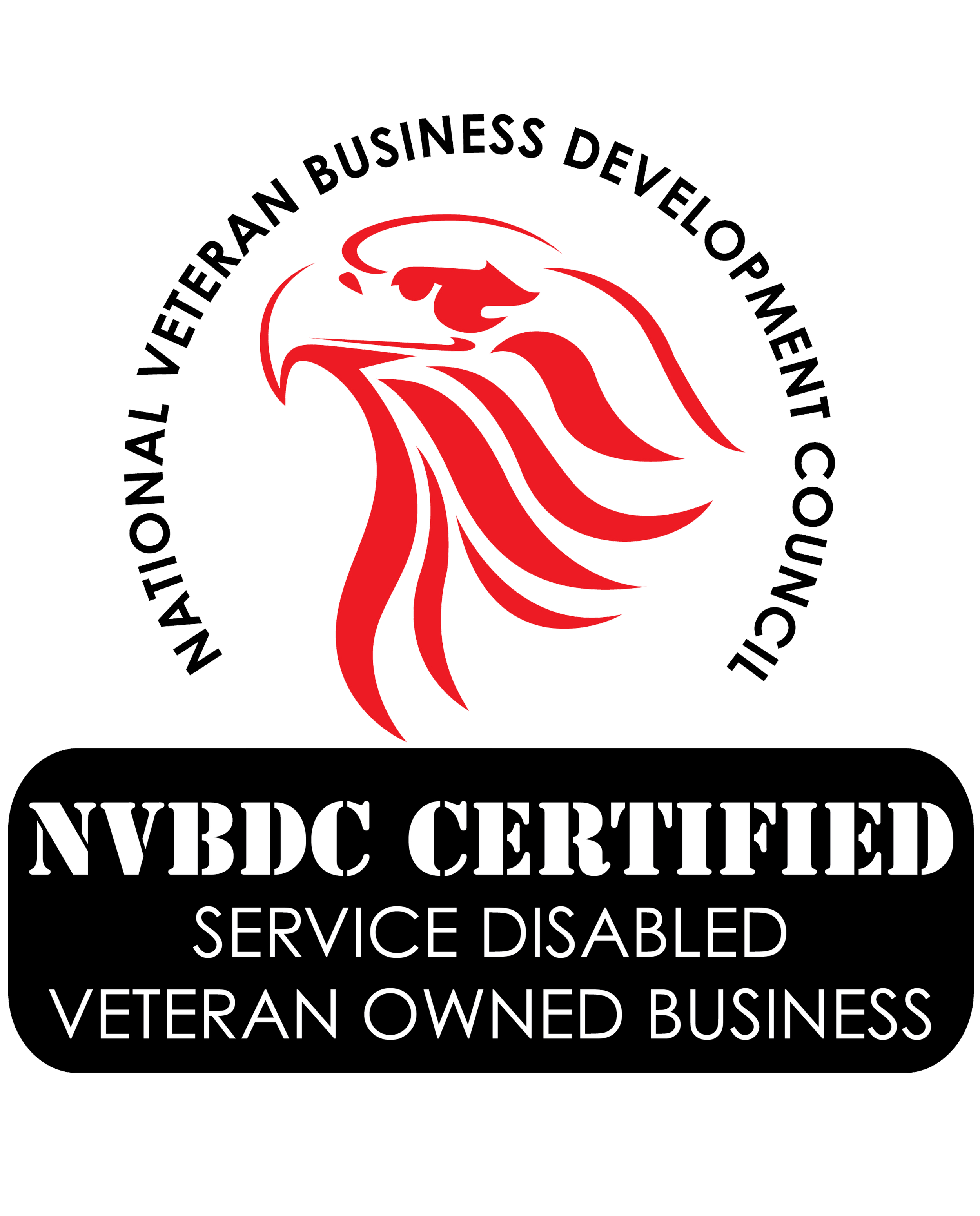 Logo of a veteran-owned business featuring a red eagle head with a stylized banner and text indicating certification, disability service, and veteran ownership.
