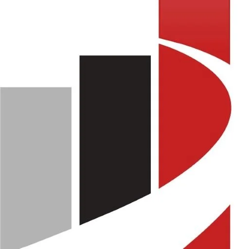 Abstract geometric shapes in gray, black, and red.