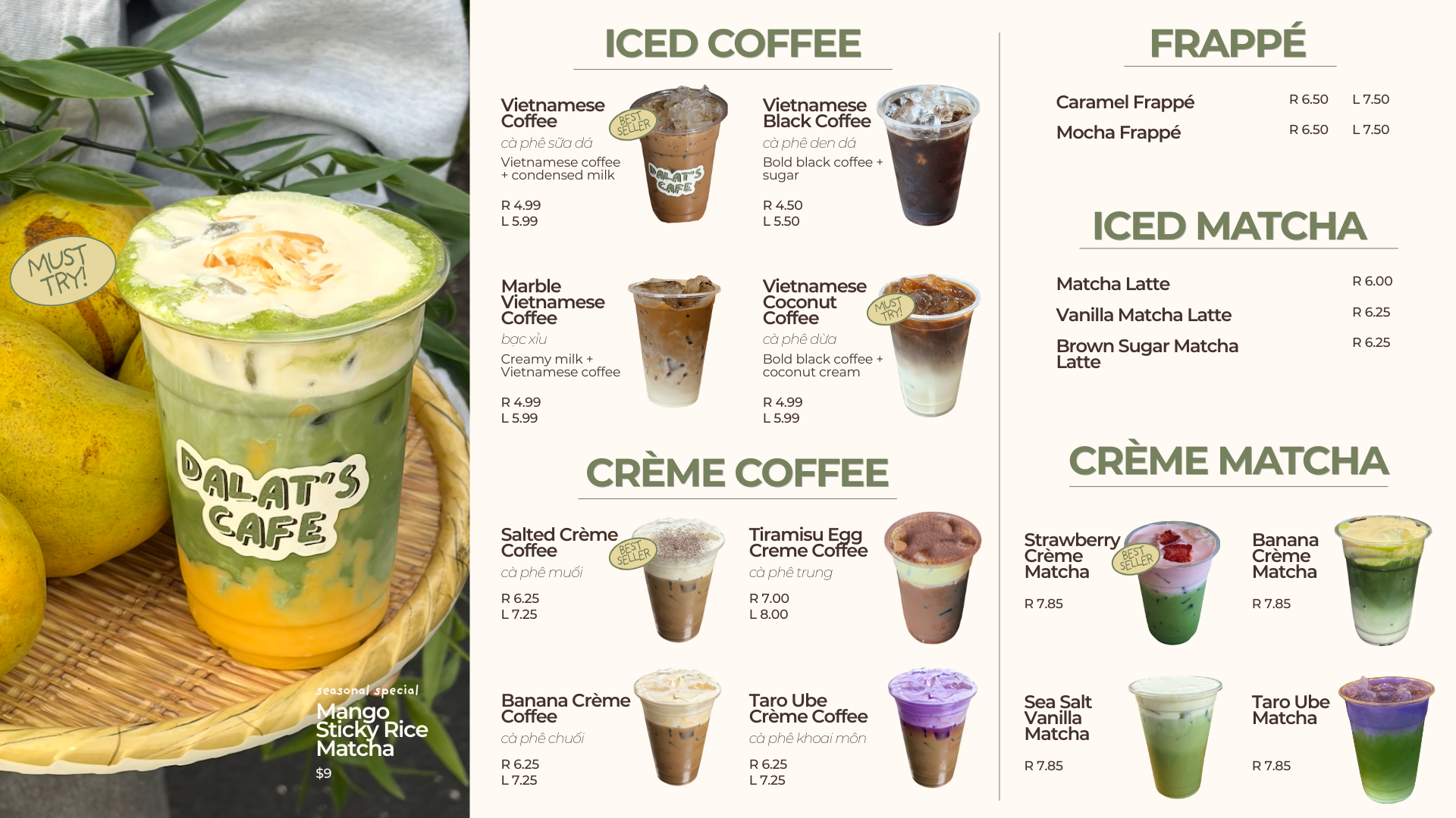 Cafe menu featuring iced coffees, frappés, iced matcha, and crème matcha drinks with prices listed in R and L.