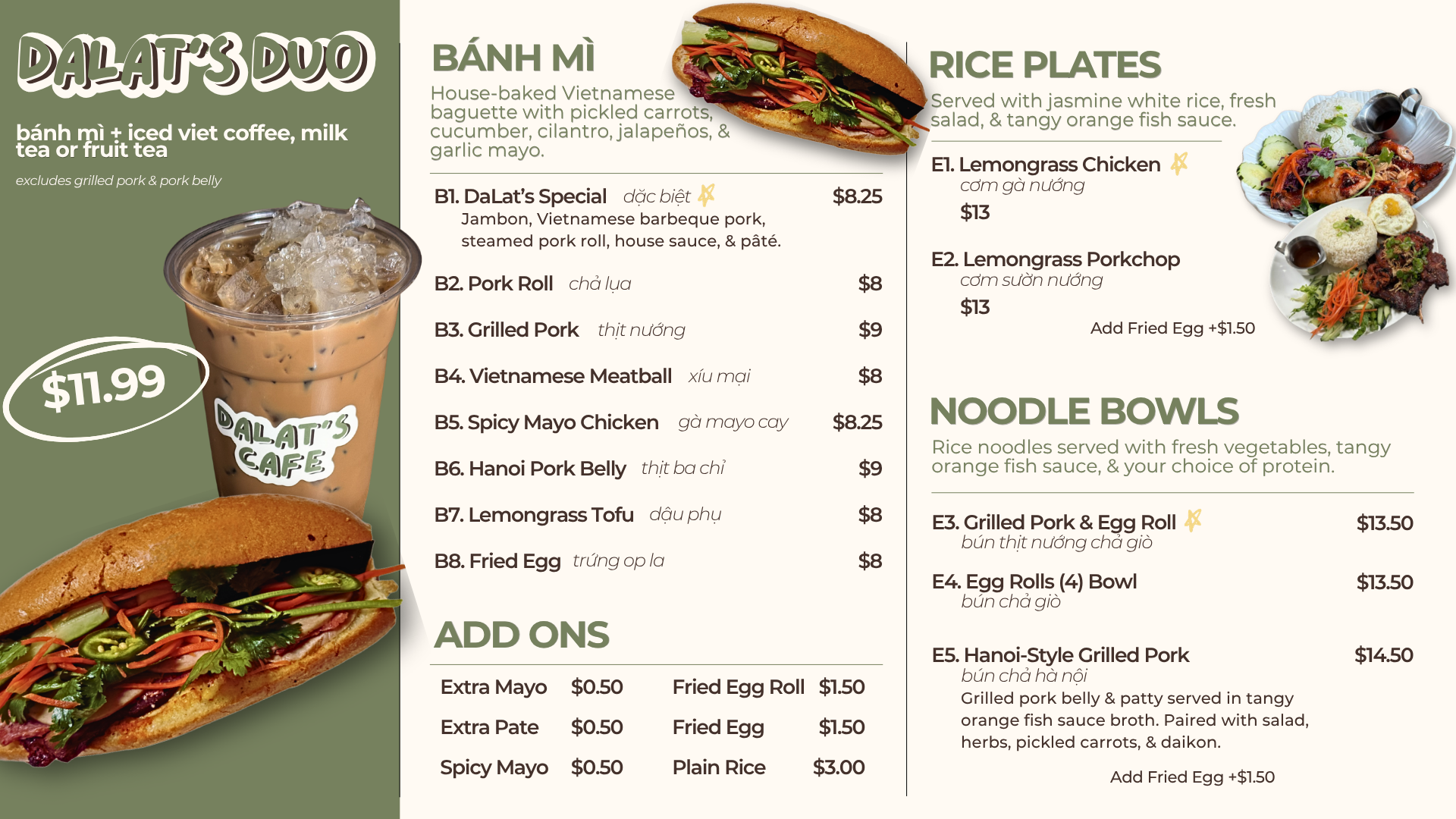 Menu featuring Vietnamese-style sandwiches, rice plates, noodle bowls, and drinks with visuals of a Vietnamese sandwich, a bubble tea, and a rice dish.