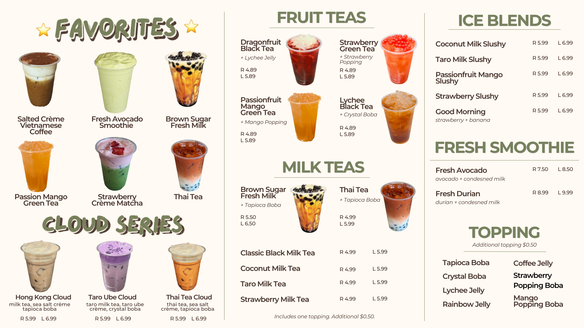 Menu featuring various drinks including favorites like salted crème Vietnamese coffee, fresh avocado smoothie, brown sugar fresh milk, passion mango green tea, strawberry crème matcha, Thai tea, cloud series drinks, and tropical blends. Categorized into favorites, fruit teas, milk teas, ice blends, and fresh smoothies.