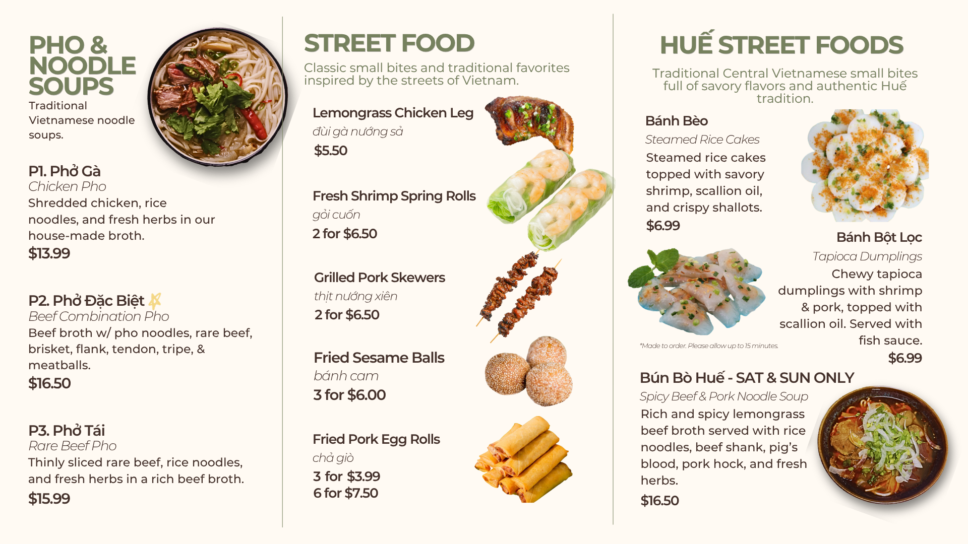 Vietnamese street food menu with sections for soups, classic small bites like lemongrass chicken leg, fresh shrimp spring rolls, grilled pork skewers, and fried sesame balls; another section for Hue street foods including steamed rice cakes and tapioca dumplings.