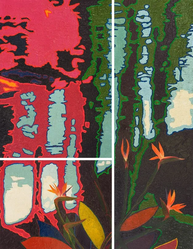 Gully Birds, 2005 / Acrylic and oil on canvases / 30 x 24, 30 x 42, 21 x 66 in.