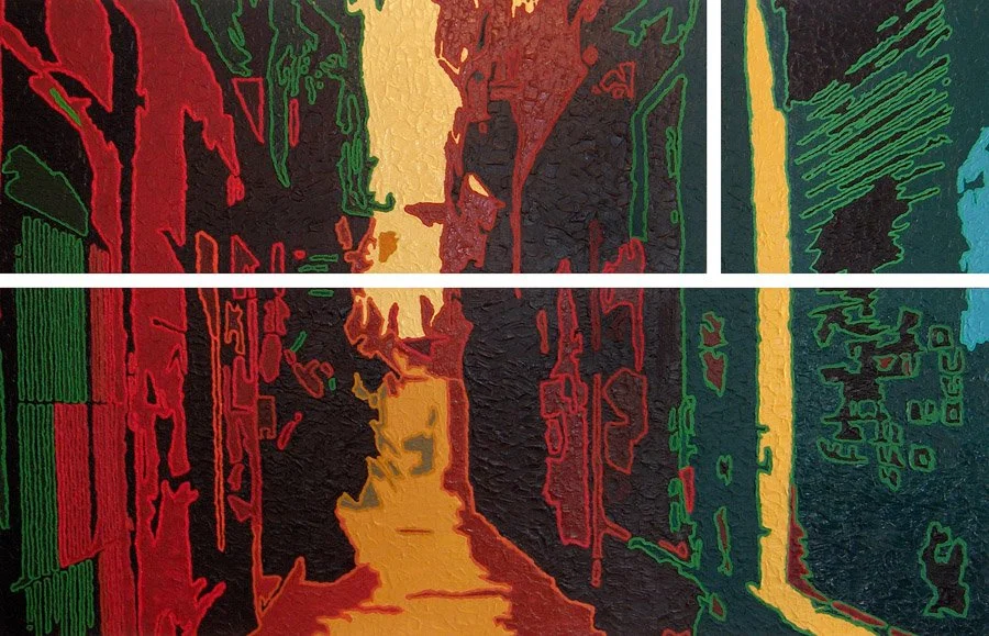 Barcelona Alley, 2005 / Acrylic on canvas / 59 x 21, 21 x 21, 77 x 28 in.