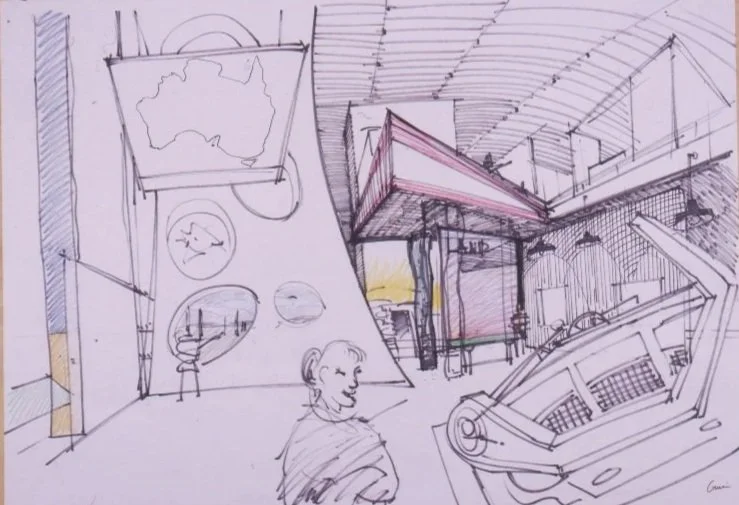 A sketch of an indoor exhibition space showcasing a vintage car, artwork, and display boards, with architectural details of the ceiling and walls.