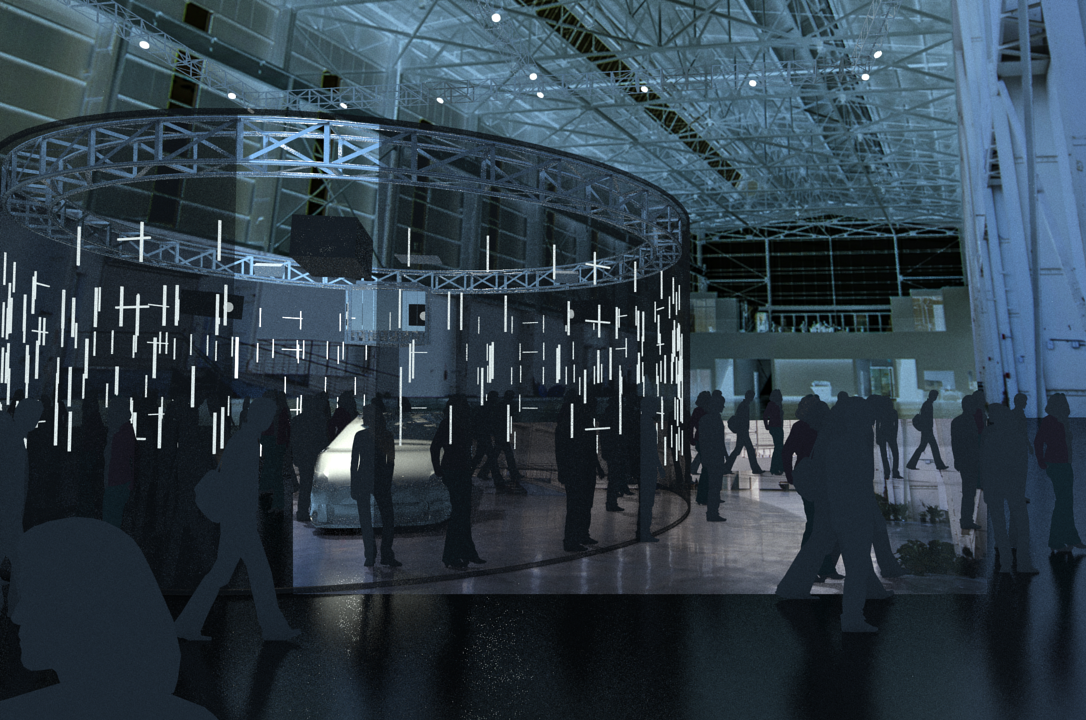 People walk through a modern indoor space with a circular illuminated structure and a car display.
