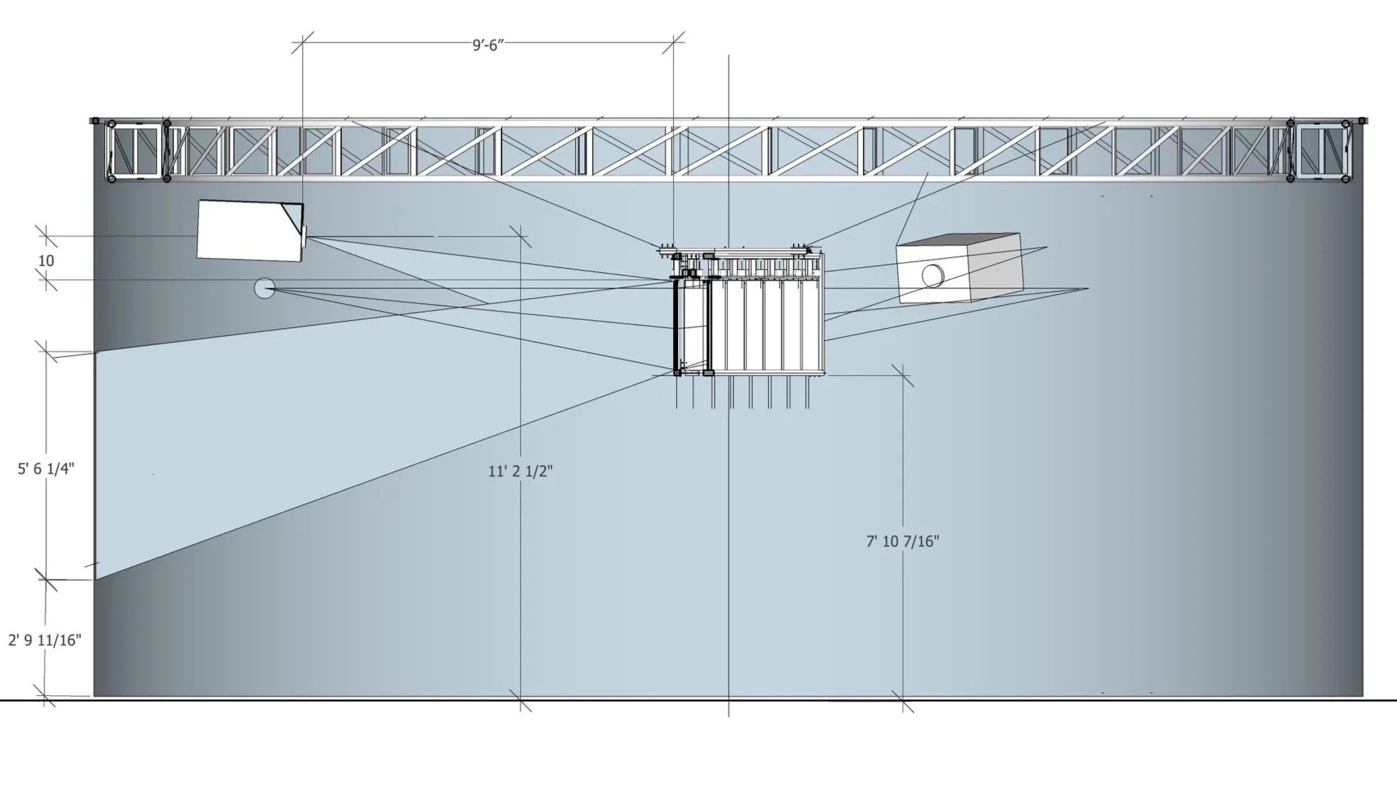 Top view of a technical drawing with measurements of a structure, including a truss, a platform, and two boxes, with dimensions labeled in feet and inches.