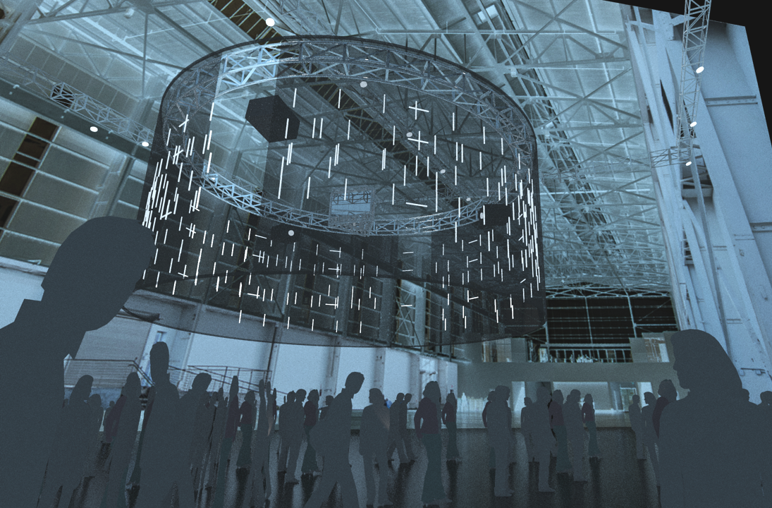 People walking inside a large indoor space with an intricate metal truss ceiling and a suspended circular system of Robotic mirrors that steer projected light shining through fog or haze in a dark room.