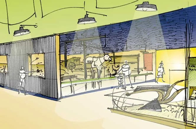 At the National Museum of Australia, a Drawing of a museum exhibit with a dinosaur skeleton, a person looking at paintings, and a woman walking past a sign that reads 'Fossil House'.